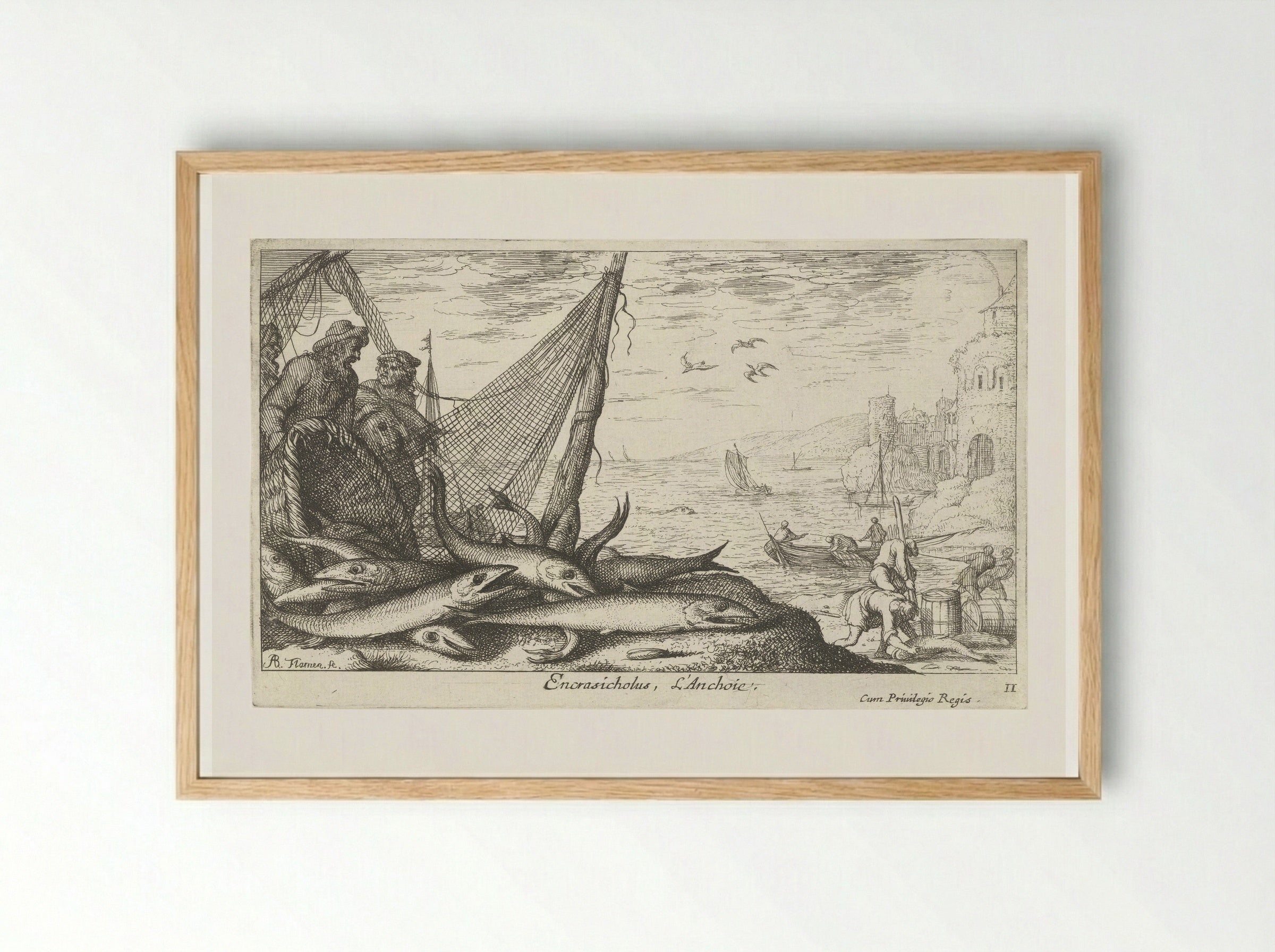 Ansjovissen bij een mand en visnet - Albert Flamen - Framed Print Wood