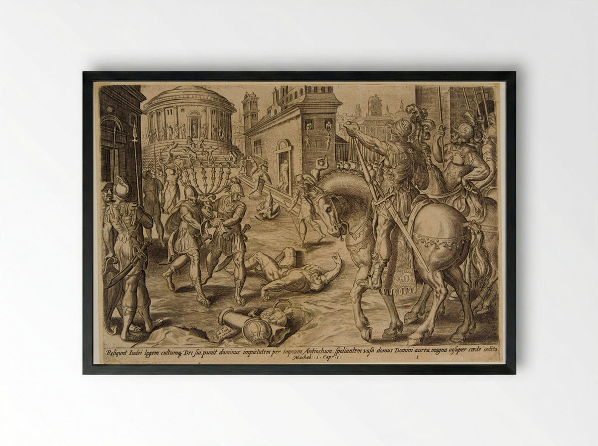 Antiochus Despoils the Temple at Jerusalem - Johannes Wierix - Framed Print Black
