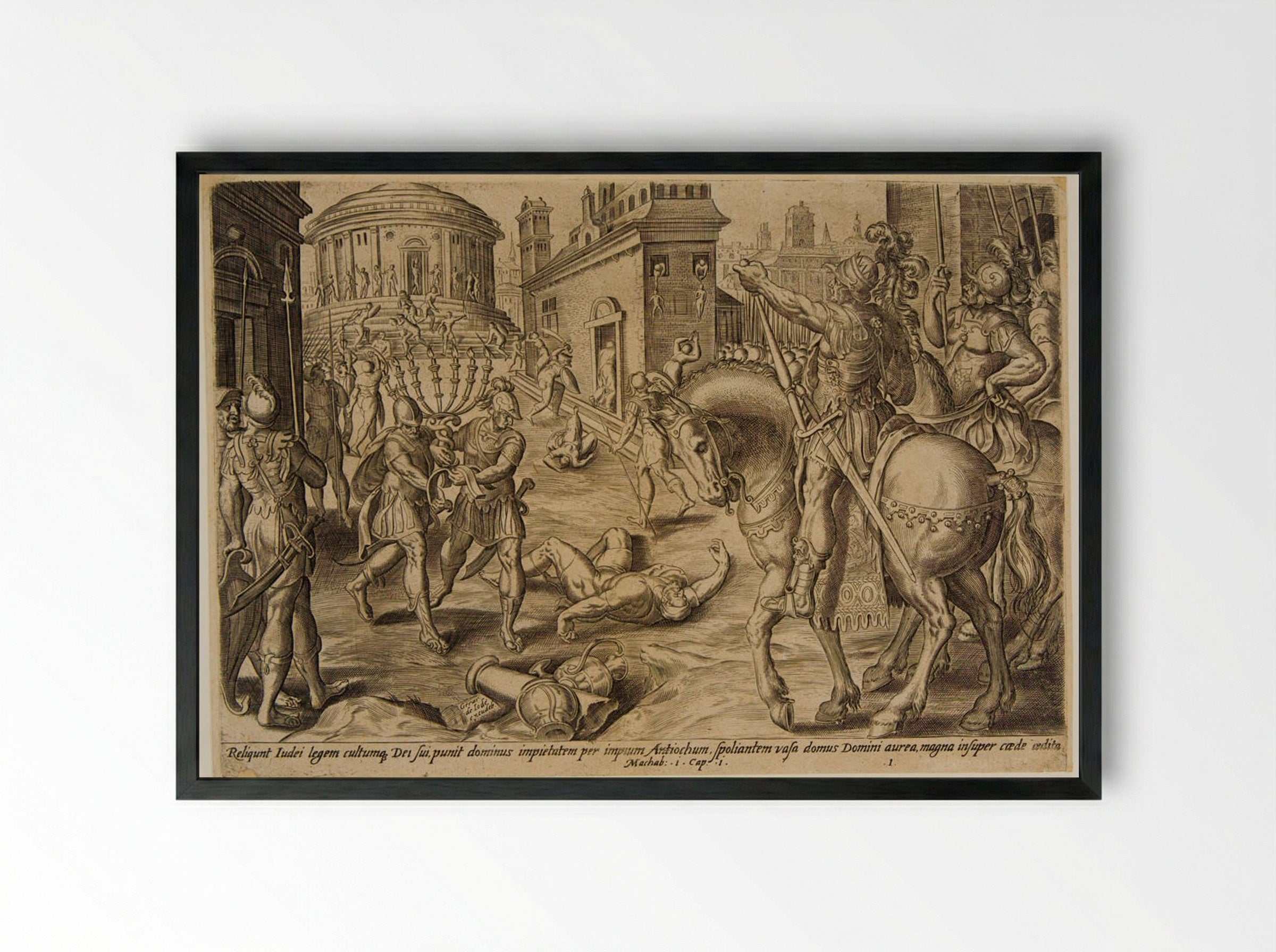 Antiochus Despoils the Temple at Jerusalem - Johannes Wierix - Framed Print Black