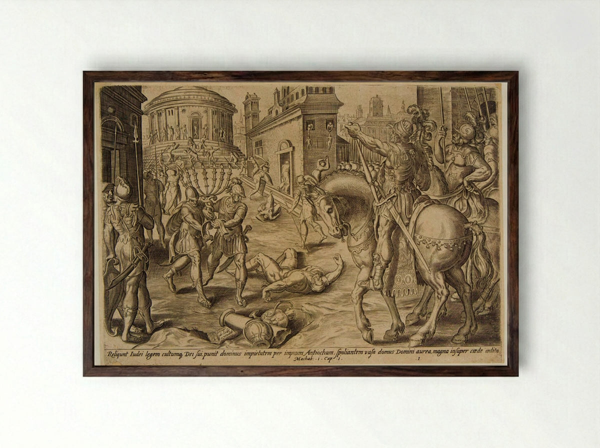 Antiochus Despoils the Temple at Jerusalem - Johannes Wierix - Framed Print Dark Wood