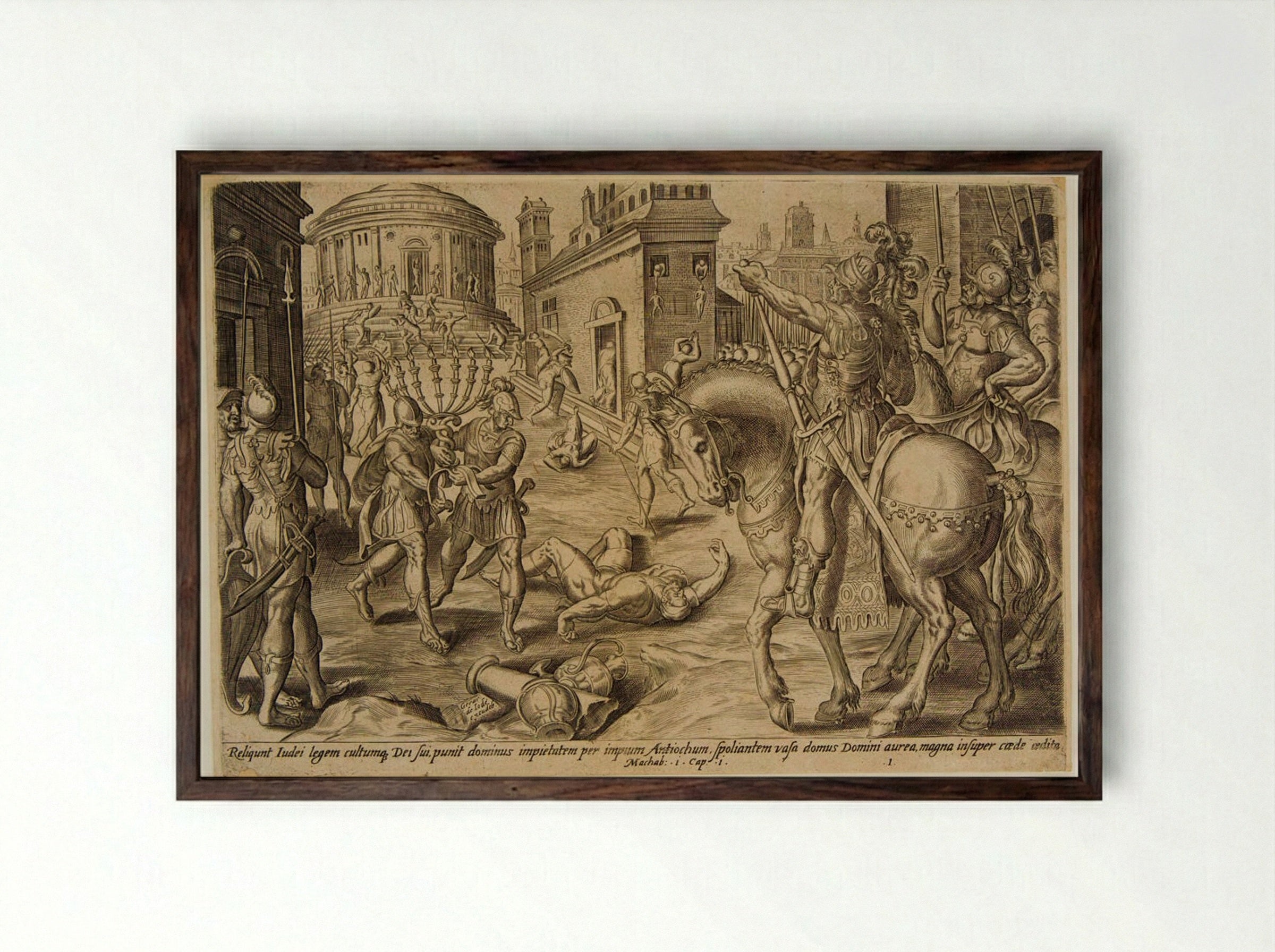 Antiochus Despoils the Temple at Jerusalem - Johannes Wierix - Framed Print Dark Wood
