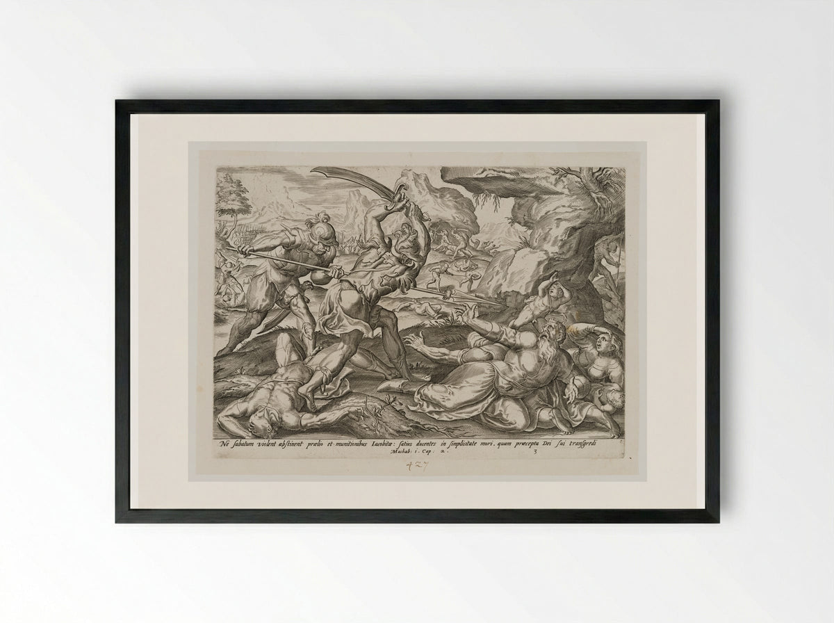 Antiochus's Army Killing the Jews During the Sabbath - Johannes Wierix - Framed Print Black