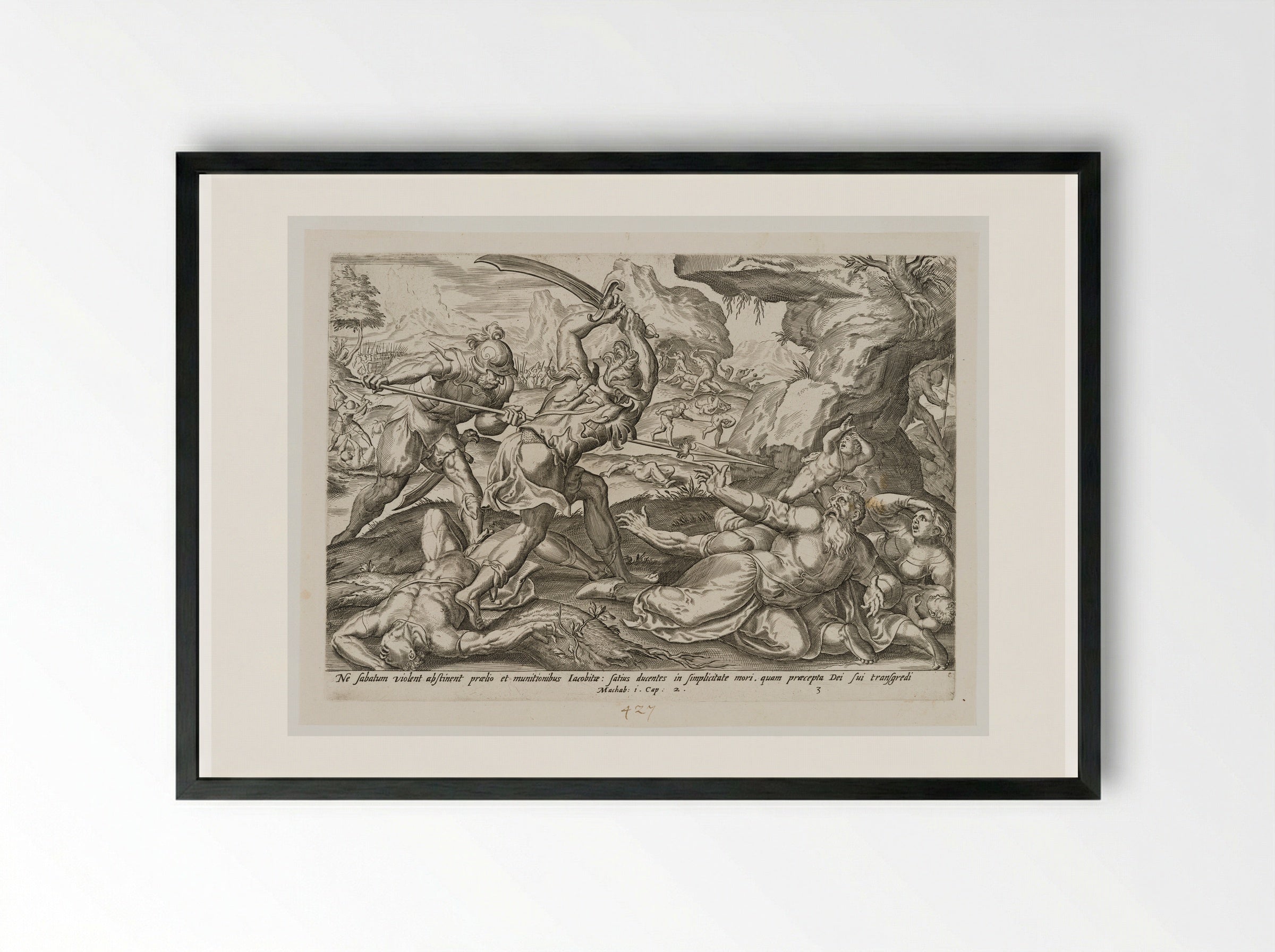 Antiochus's Army Killing the Jews During the Sabbath - Johannes Wierix - Framed Print Black