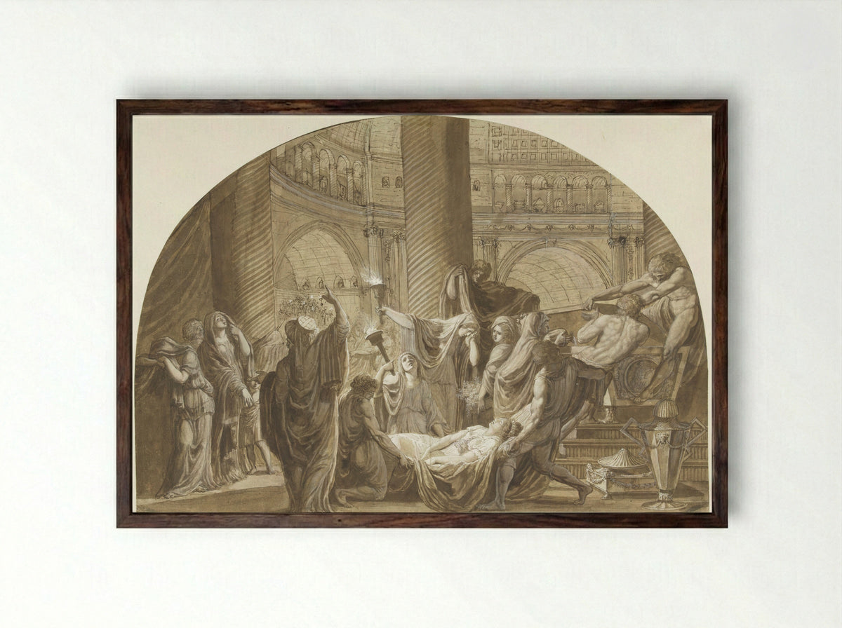 Antique Funeral Scene in a Mausoleum - Luigi Ademollo - Framed Print Dark Wood