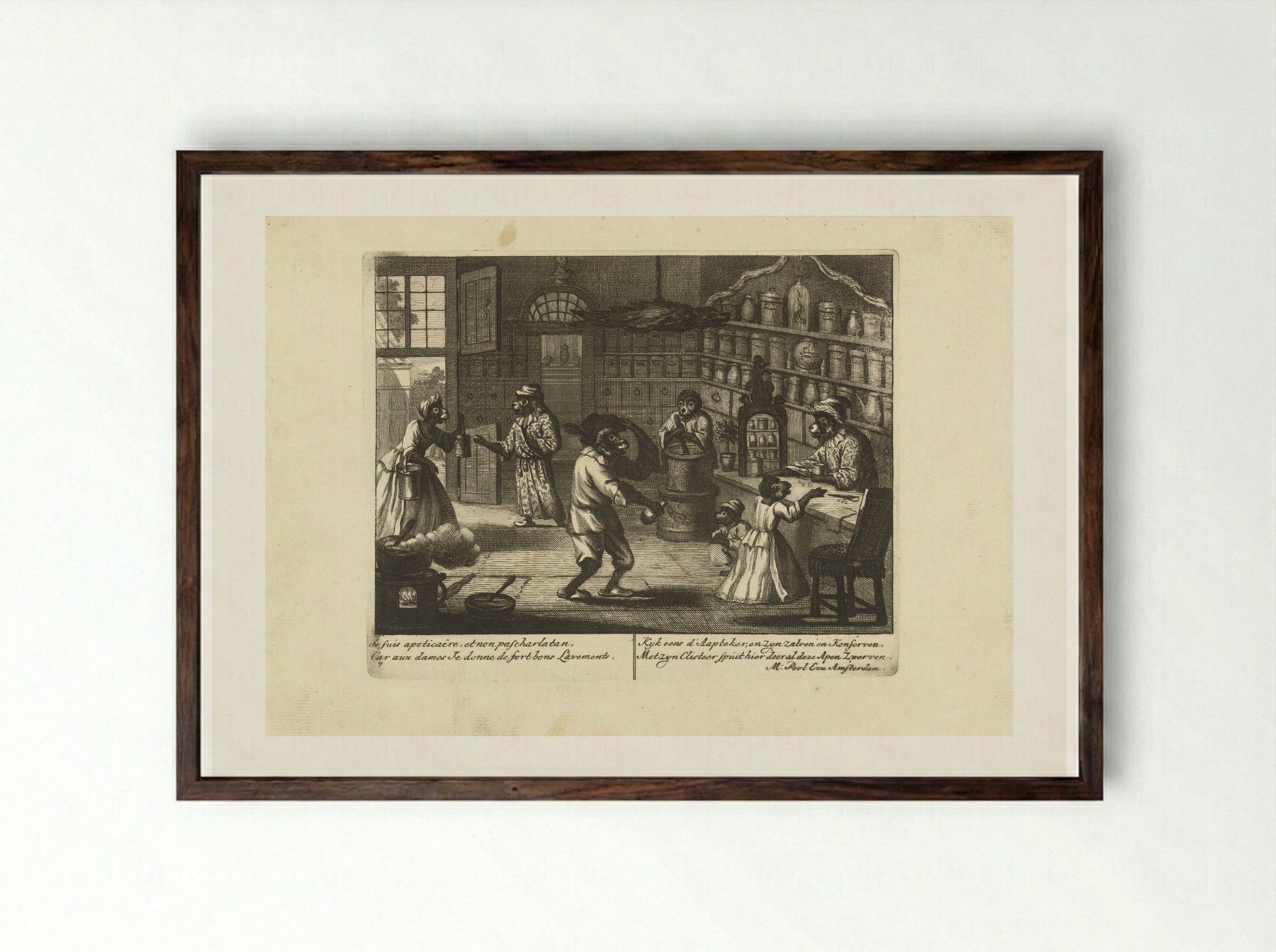 Apen als apotheker (Monkeys as Apothecaries) - Matthijs Pool - Framed Print Dark Wood