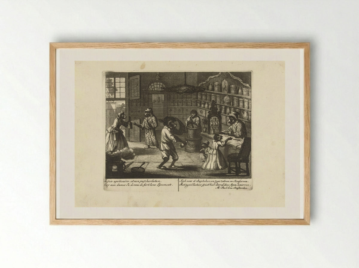 Apen als apotheker (Monkeys as Apothecaries) - Matthijs Pool - Framed Print Wood