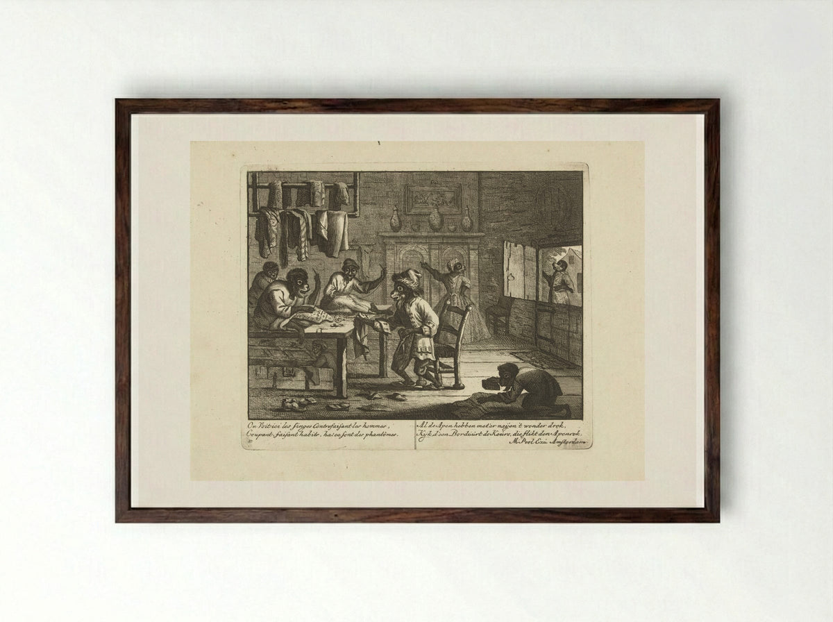 Apen als kleermakers (Monkeys as Tailors) - Matthijs Pool - Framed Print Dark Wood