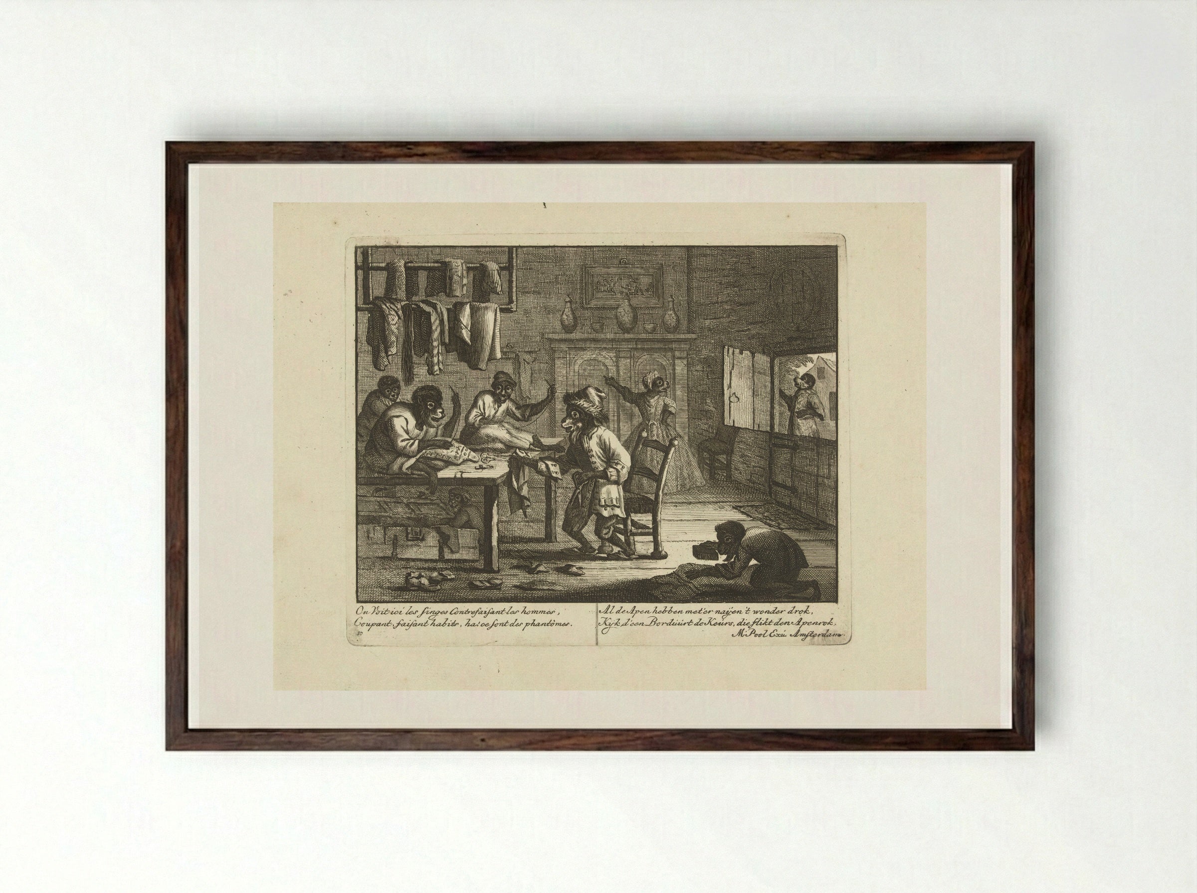 Apen als kleermakers (Monkeys as Tailors) - Matthijs Pool - Framed Print Dark Wood