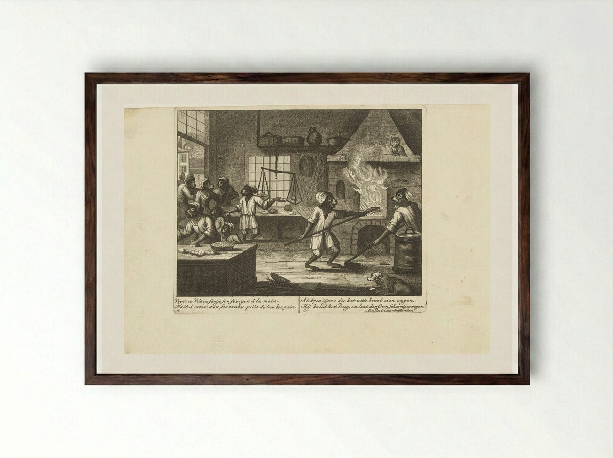 Apen in de bakkerij - Matthijs Pool - Framed Print Dark Wood