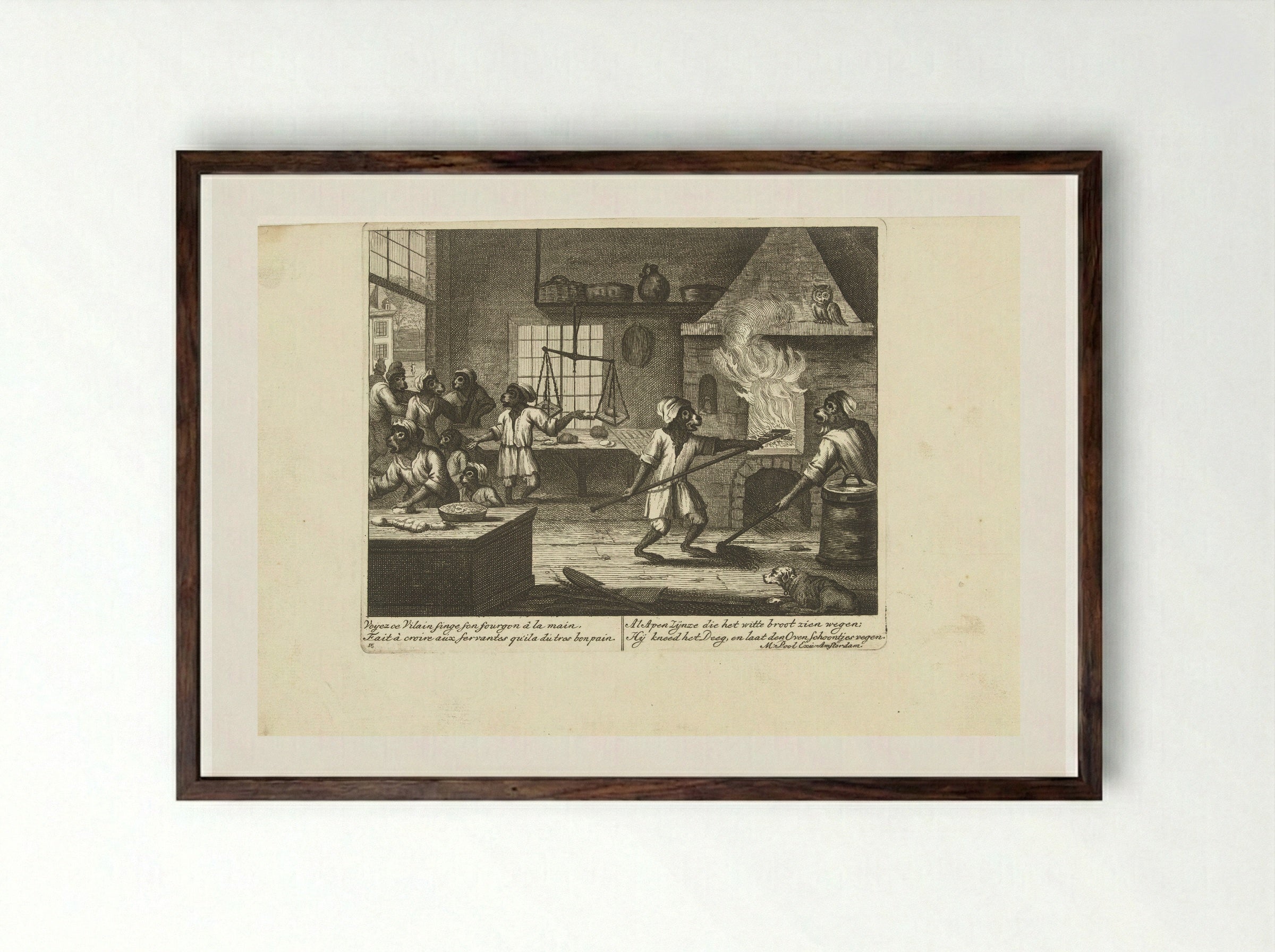 Apen in de bakkerij - Matthijs Pool - Framed Print Dark Wood