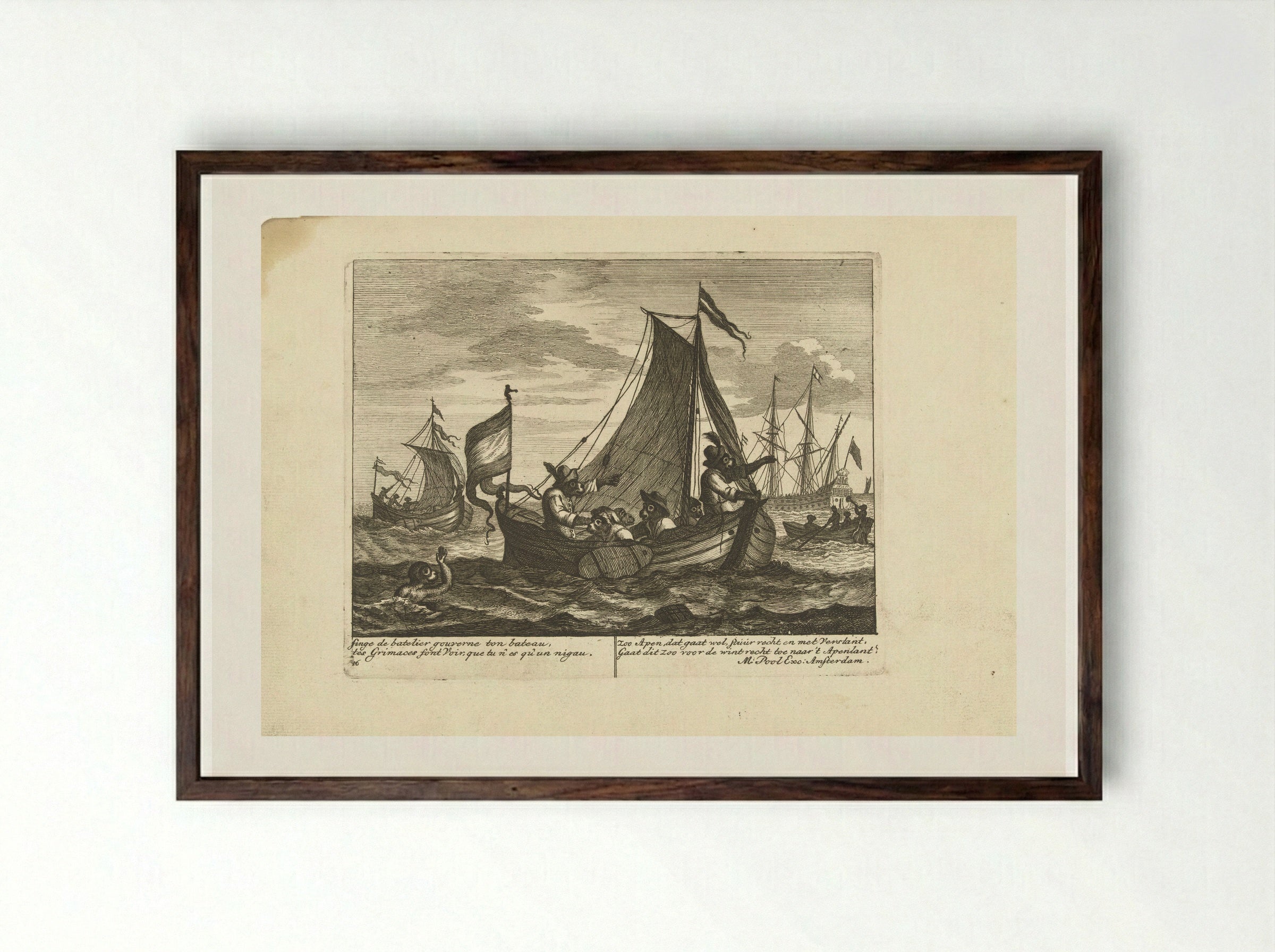 Apen in een boot - Matthijs Pool - Framed Print Dark Wood