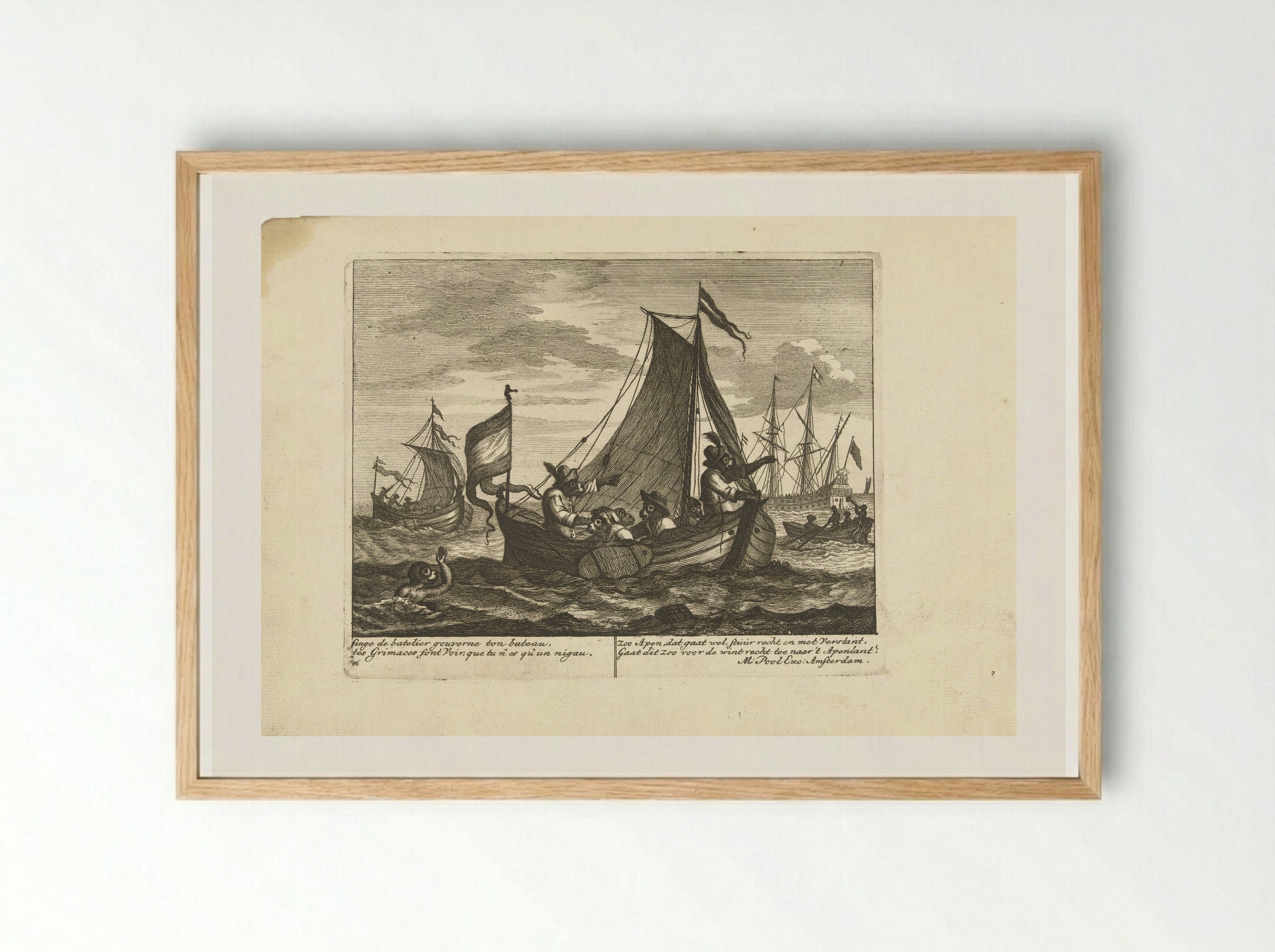 Apen in een boot - Matthijs Pool - Framed Print Wood