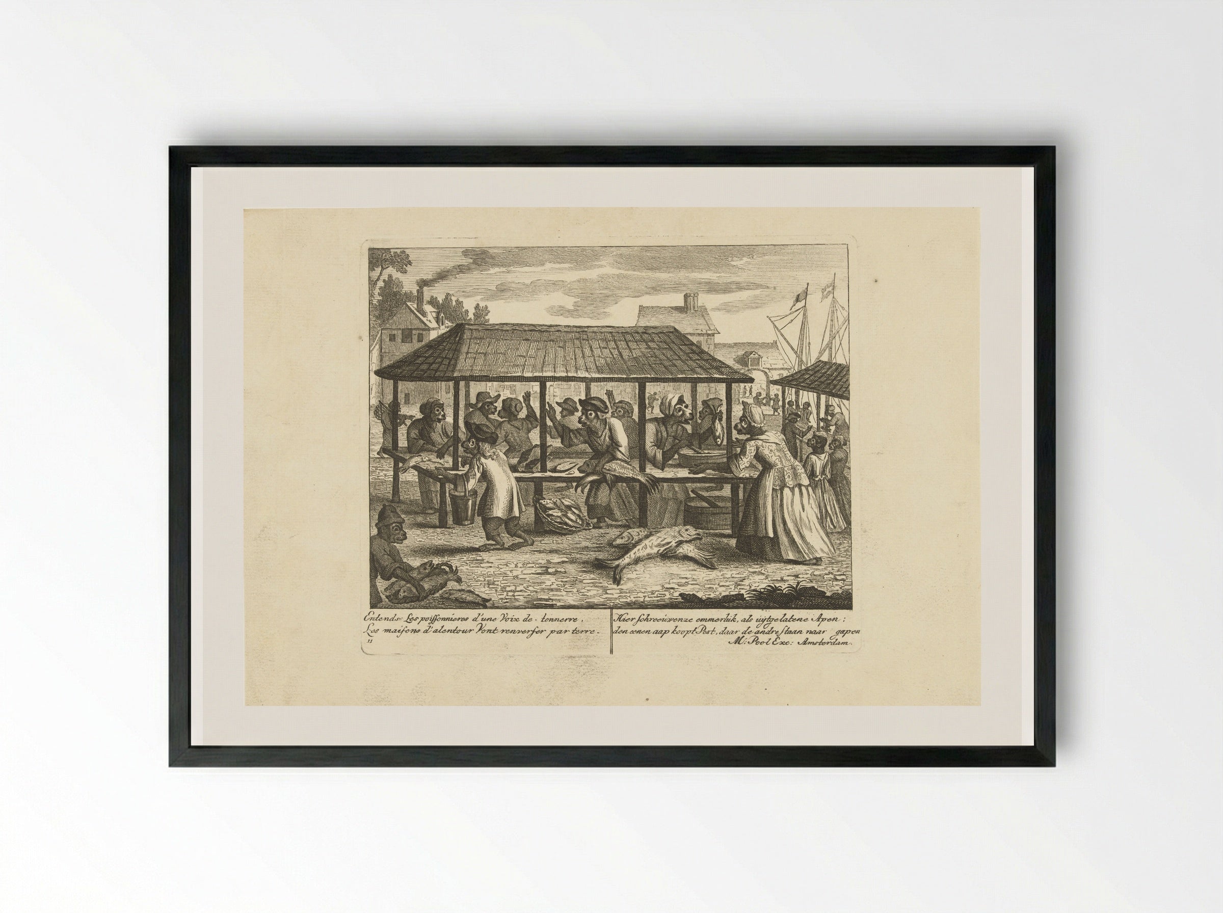 Apen op de vismarkt - Matthijs Pool - Framed Print Black