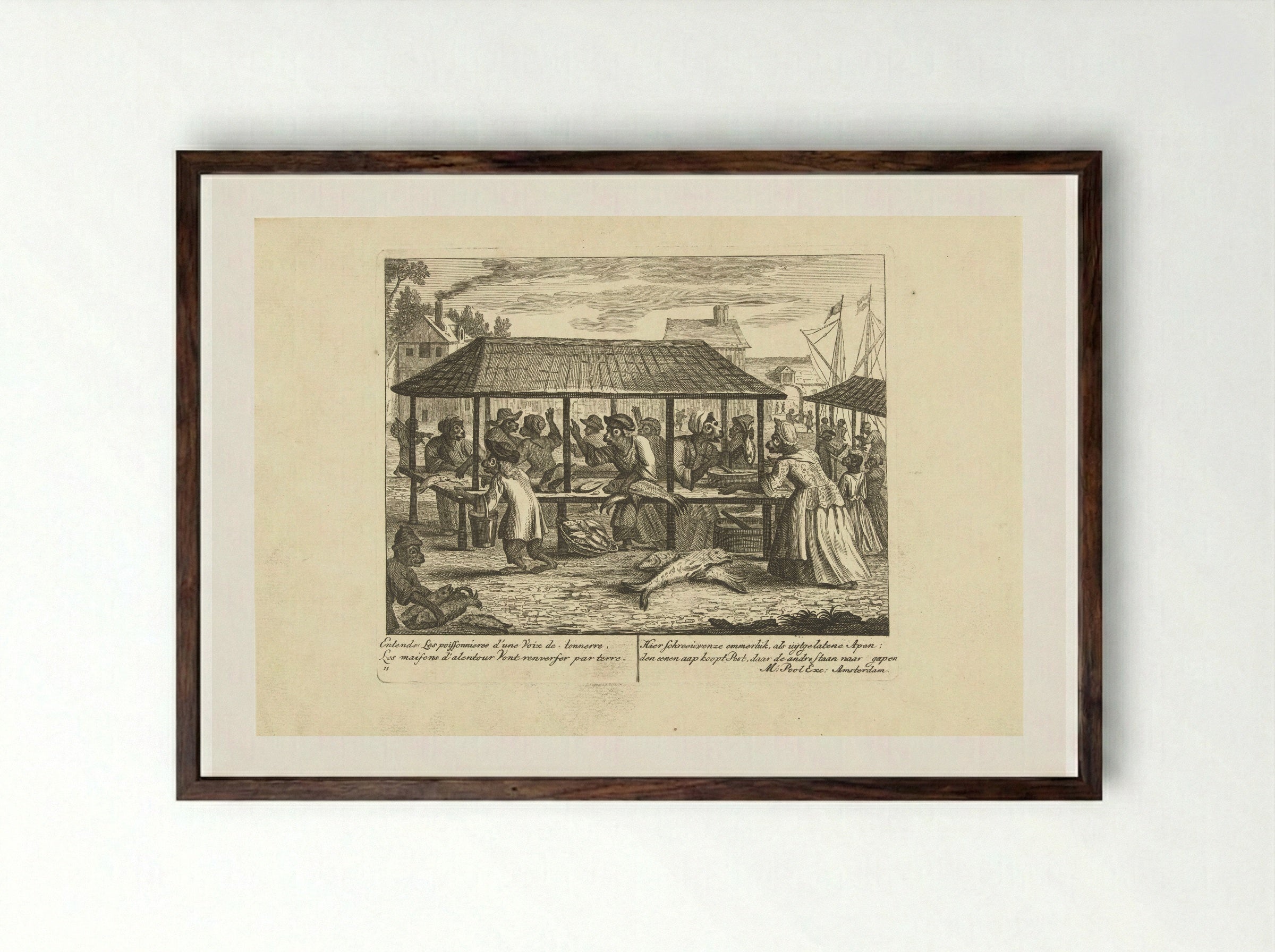 Apen op de vismarkt - Matthijs Pool - Framed Print Dark Wood