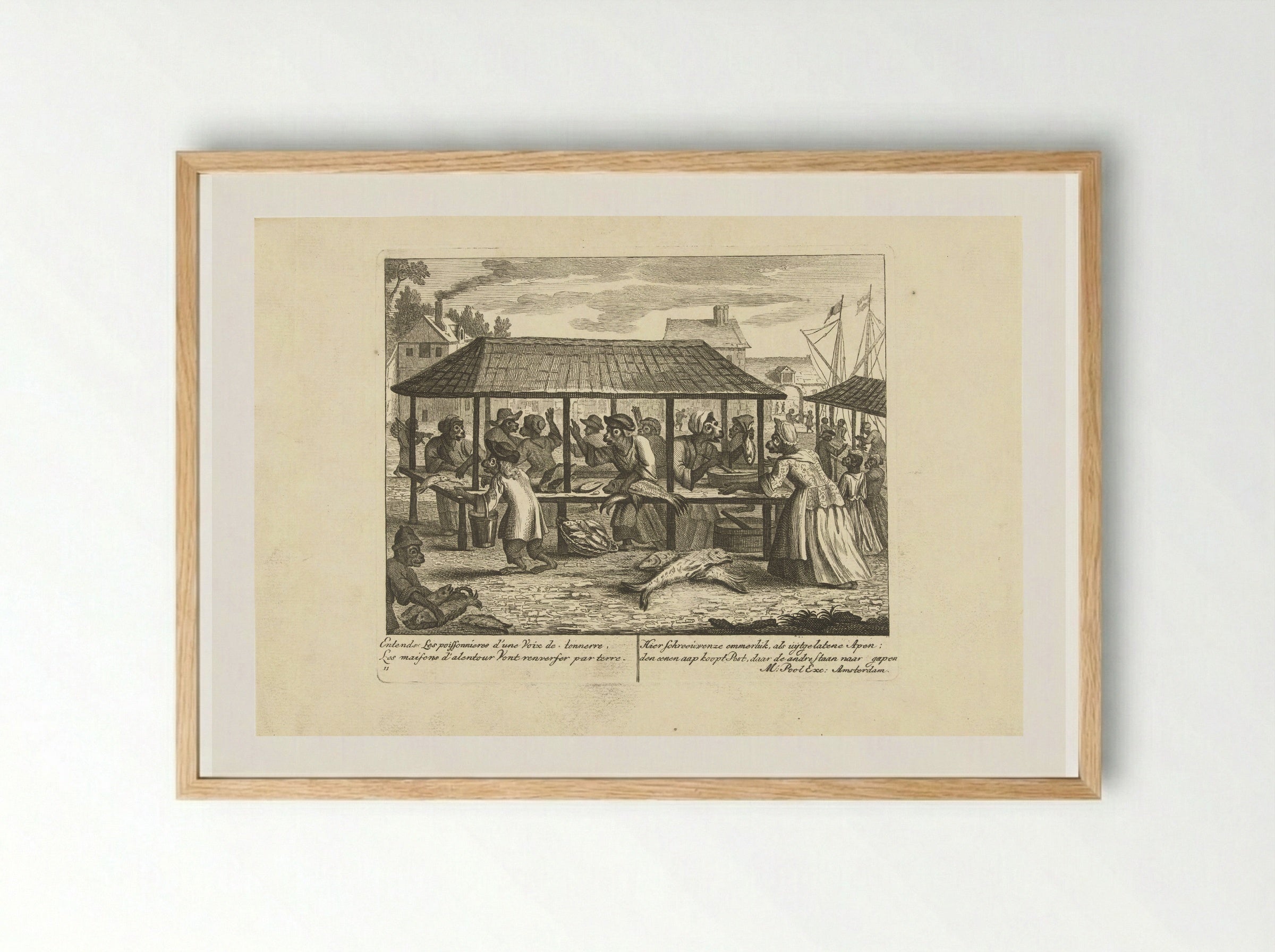Apen op de vismarkt - Matthijs Pool - Framed Print Wood