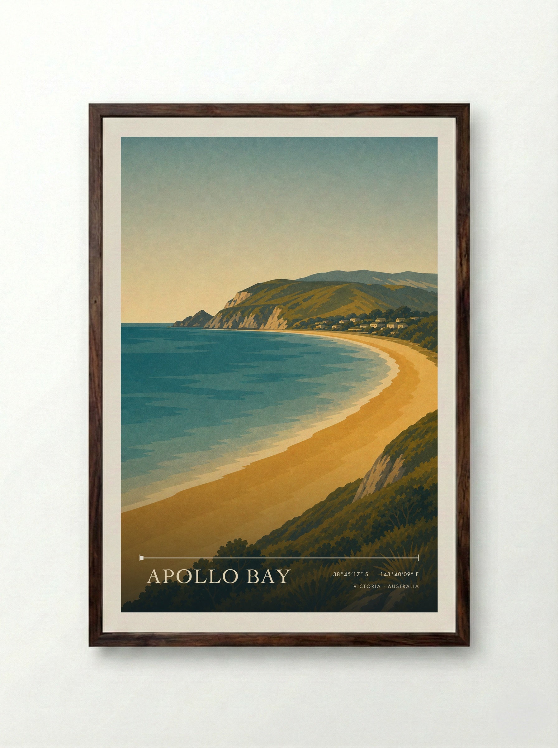 Apollo Bay Travel Poster Artwork - Framed Print Dark Wood