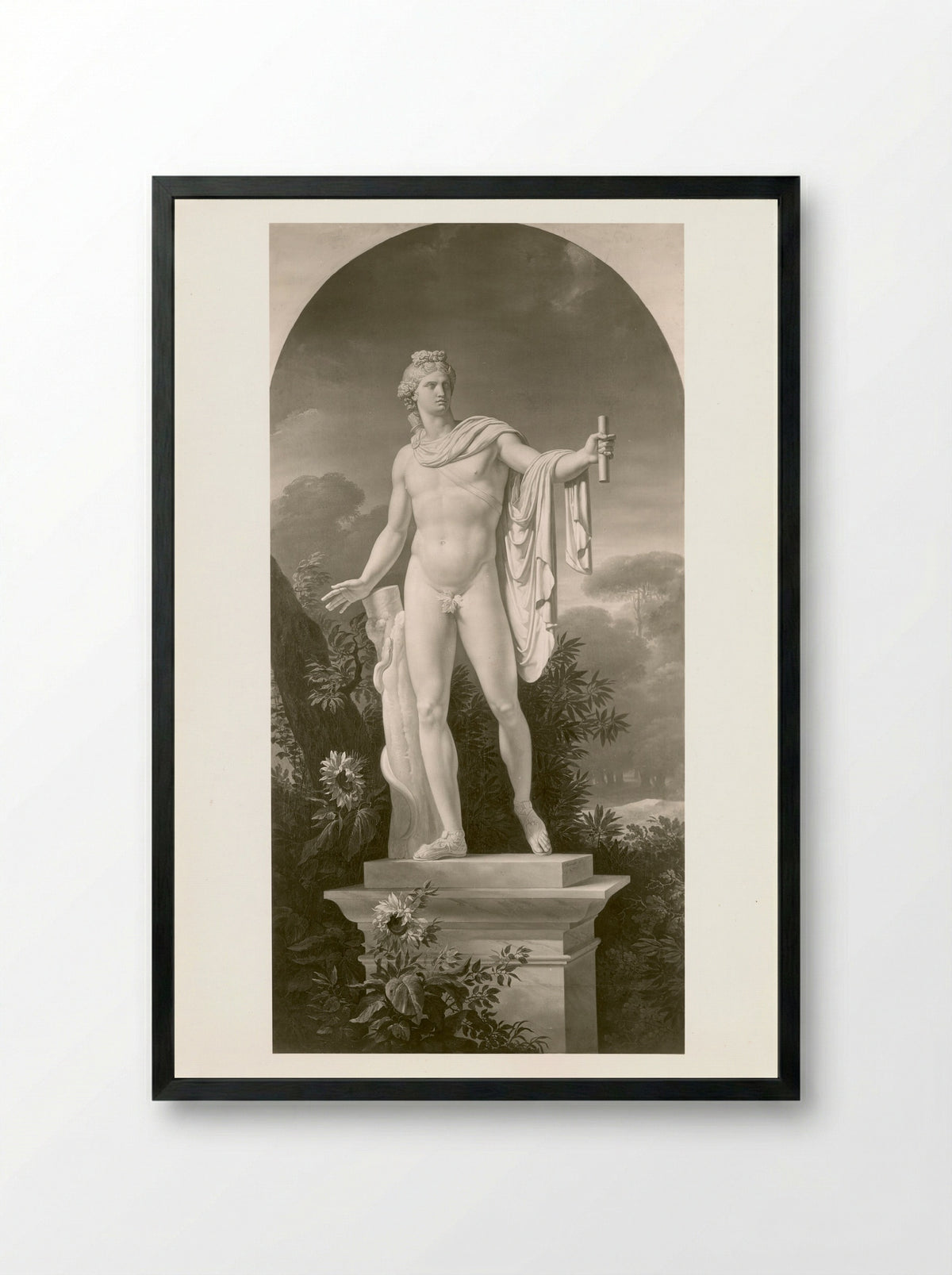Apollo, God of Light, Eloquence, Poetry, and the Fine Arts with Urania, Muse of Astronomy - Charles Meynier - Framed Print Black