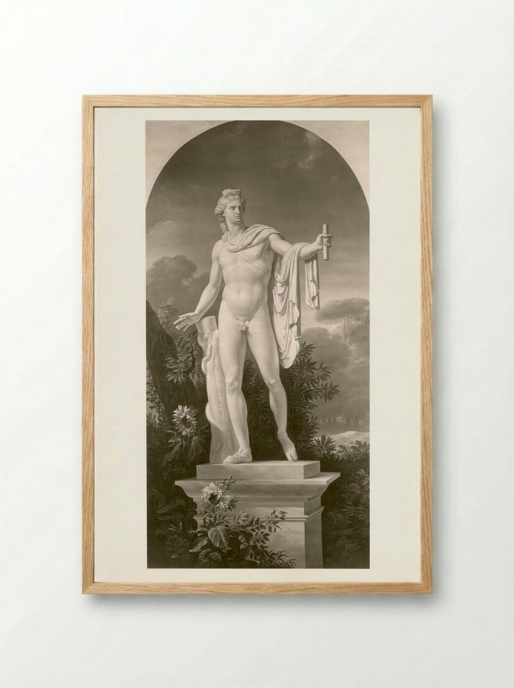 Apollo, God of Light, Eloquence, Poetry, and the Fine Arts with Urania, Muse of Astronomy - Charles Meynier - Framed Print Wood