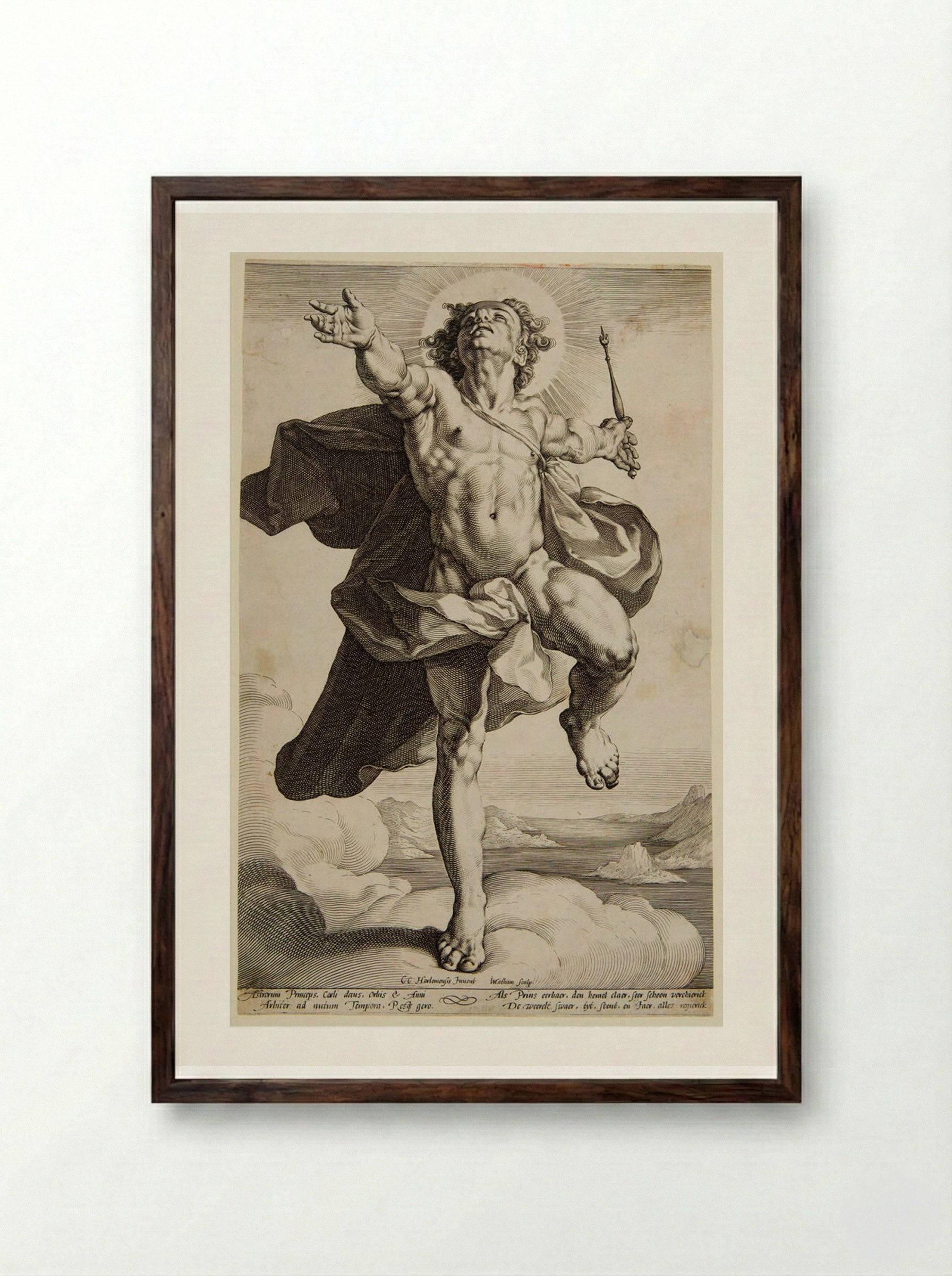 Apollo Standing on the Clouds - Jacob Matham - Framed Print Dark Wood