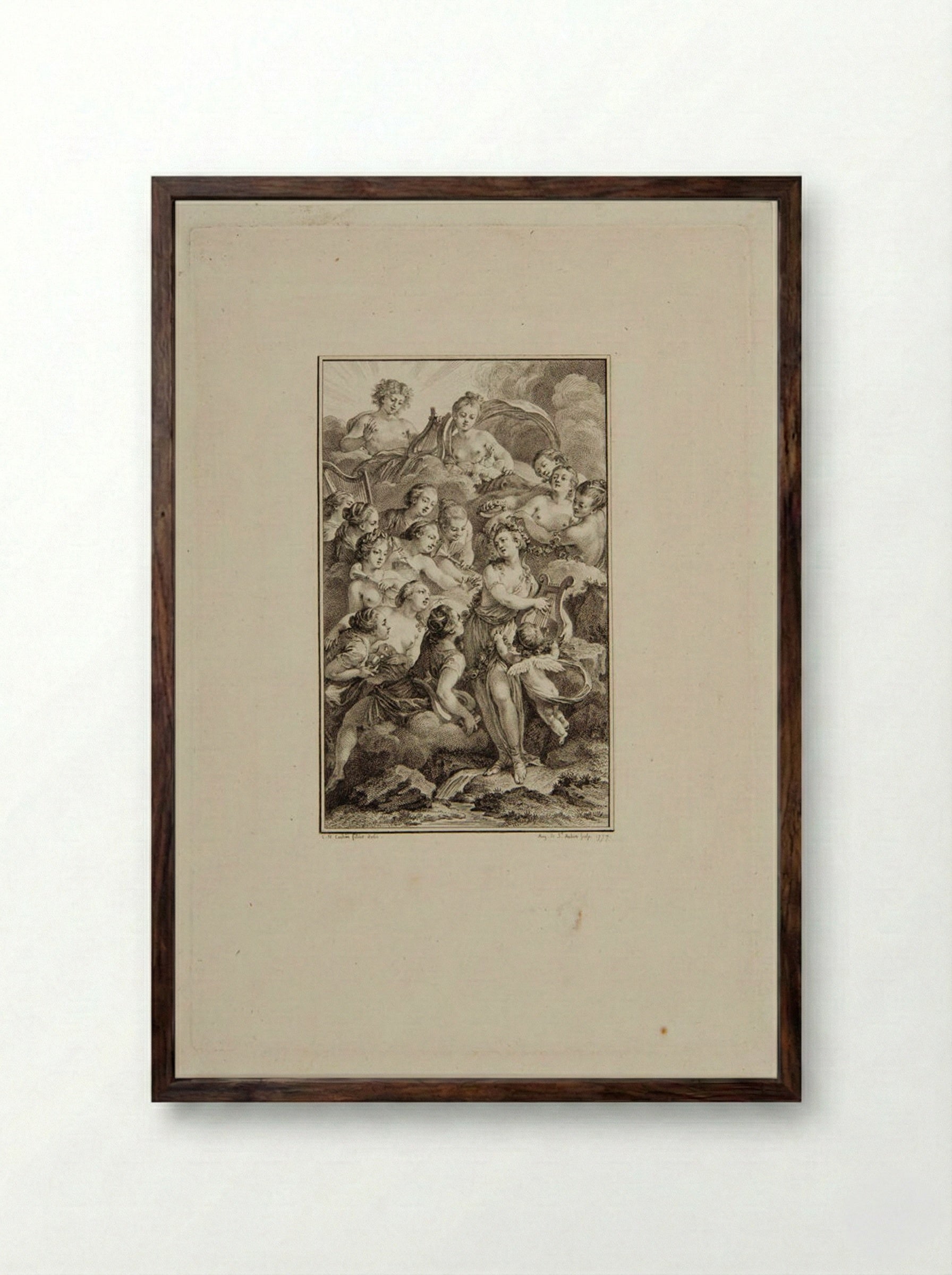 Apollo and Venus with the Muses and Graces - Augustin de Saint-Aubin - Framed Print Dark Wood