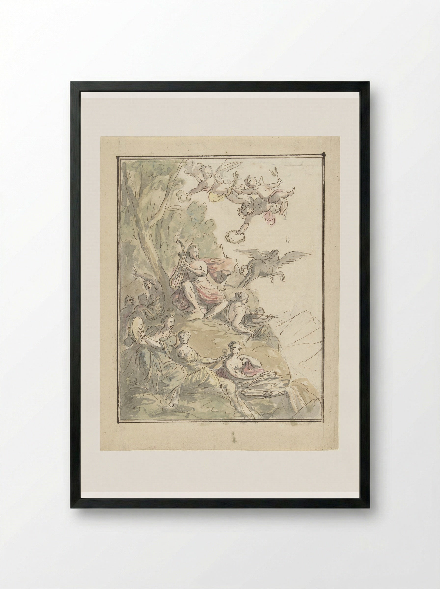 Apollo and the Muses on Mount Parnassus - Elias van Nijmegen - Framed Print Black