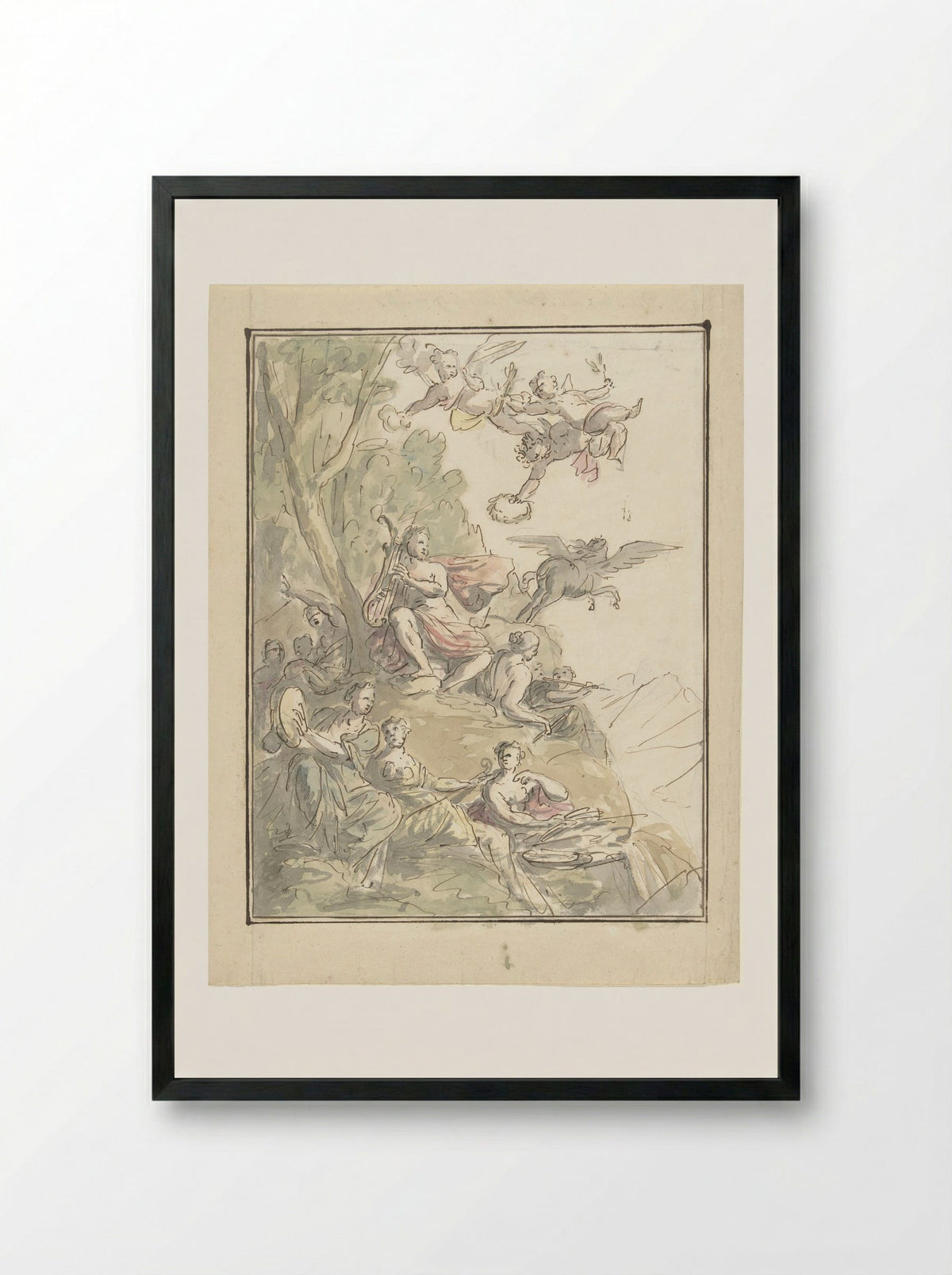 Apollo and the Muses on Mount Parnassus - Elias van Nijmegen - Framed Print Black