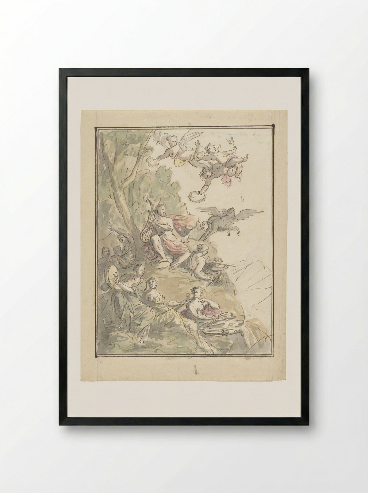 Apollo and the Muses on Mount Parnassus - Elias van Nijmegen - Framed Print Black