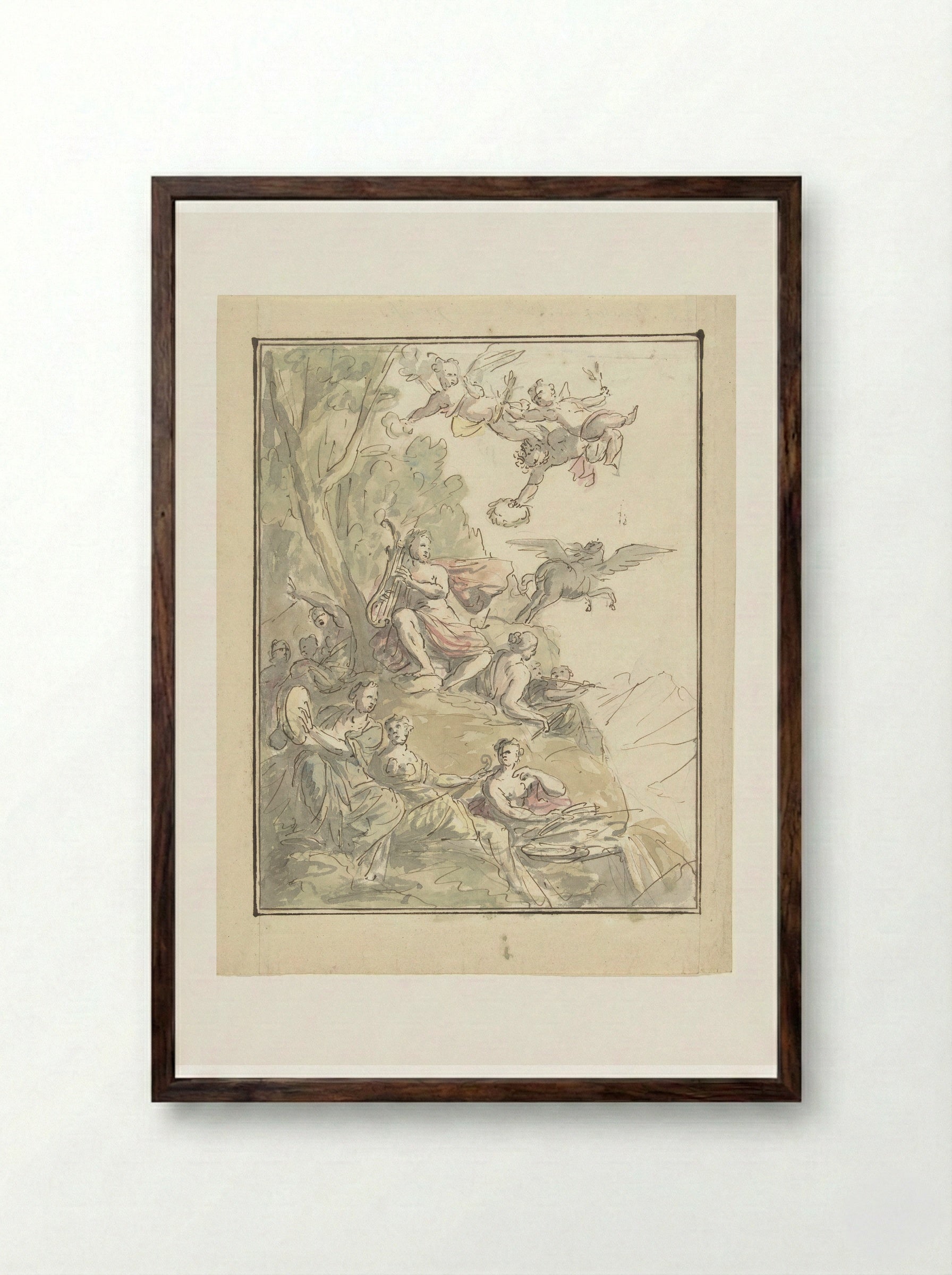 Apollo and the Muses on Mount Parnassus - Elias van Nijmegen - Framed Print Dark Wood