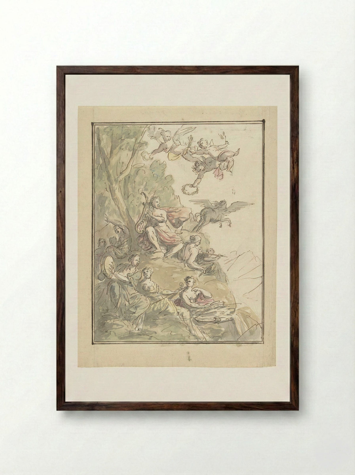 Apollo and the Muses on Mount Parnassus - Elias van Nijmegen - Framed Print Dark Wood
