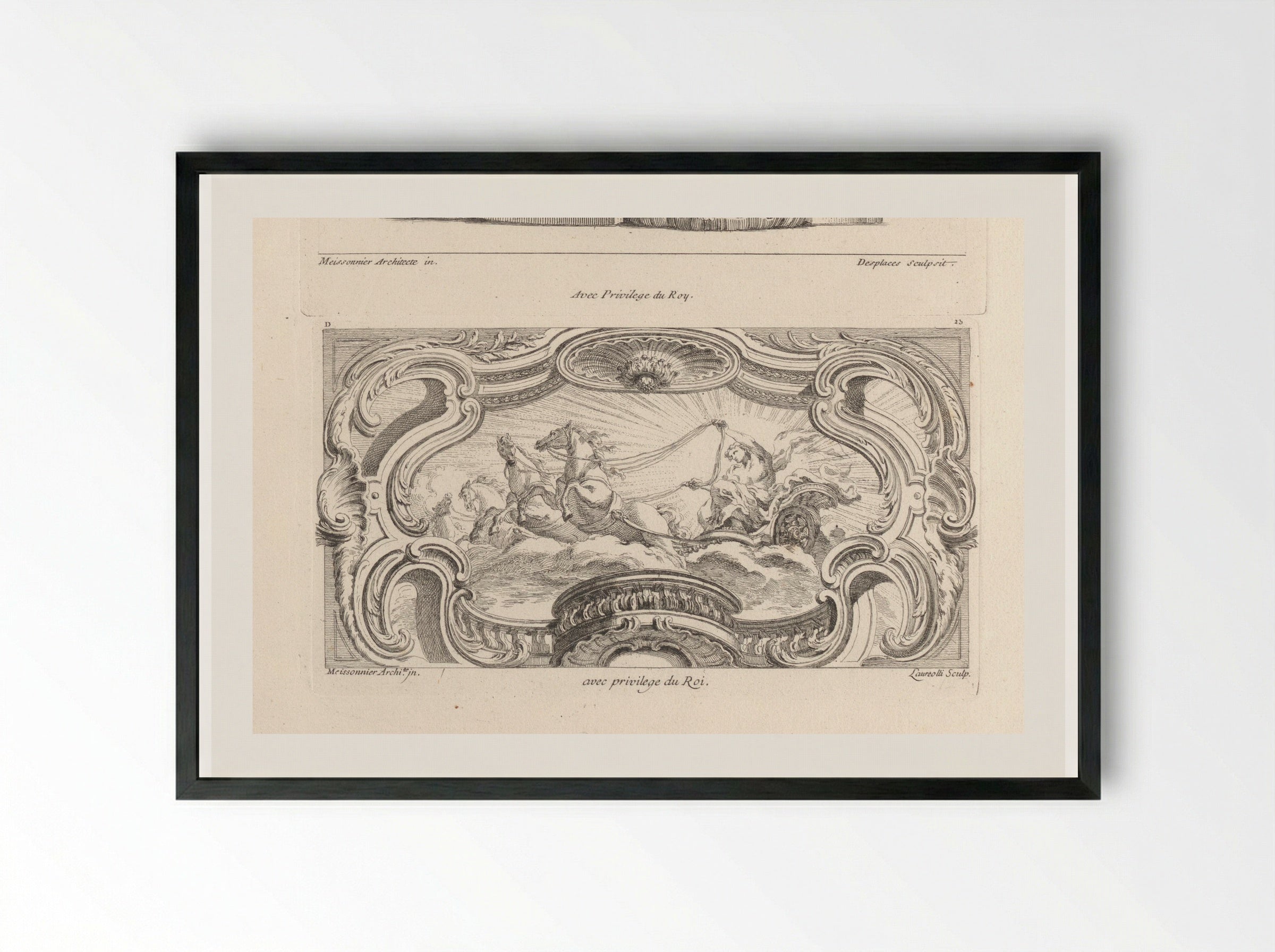 Apollo in his Chariot, within a Frame of Volutes and Rocaille - Gabriel Huquier - Framed Print Black