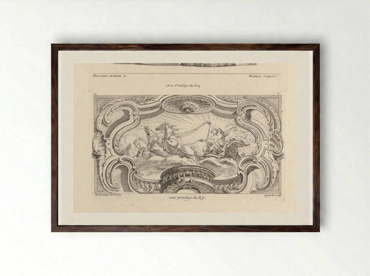 Apollo in his Chariot, within a Frame of Volutes and Rocaille - Gabriel Huquier - Framed Print Dark Wood