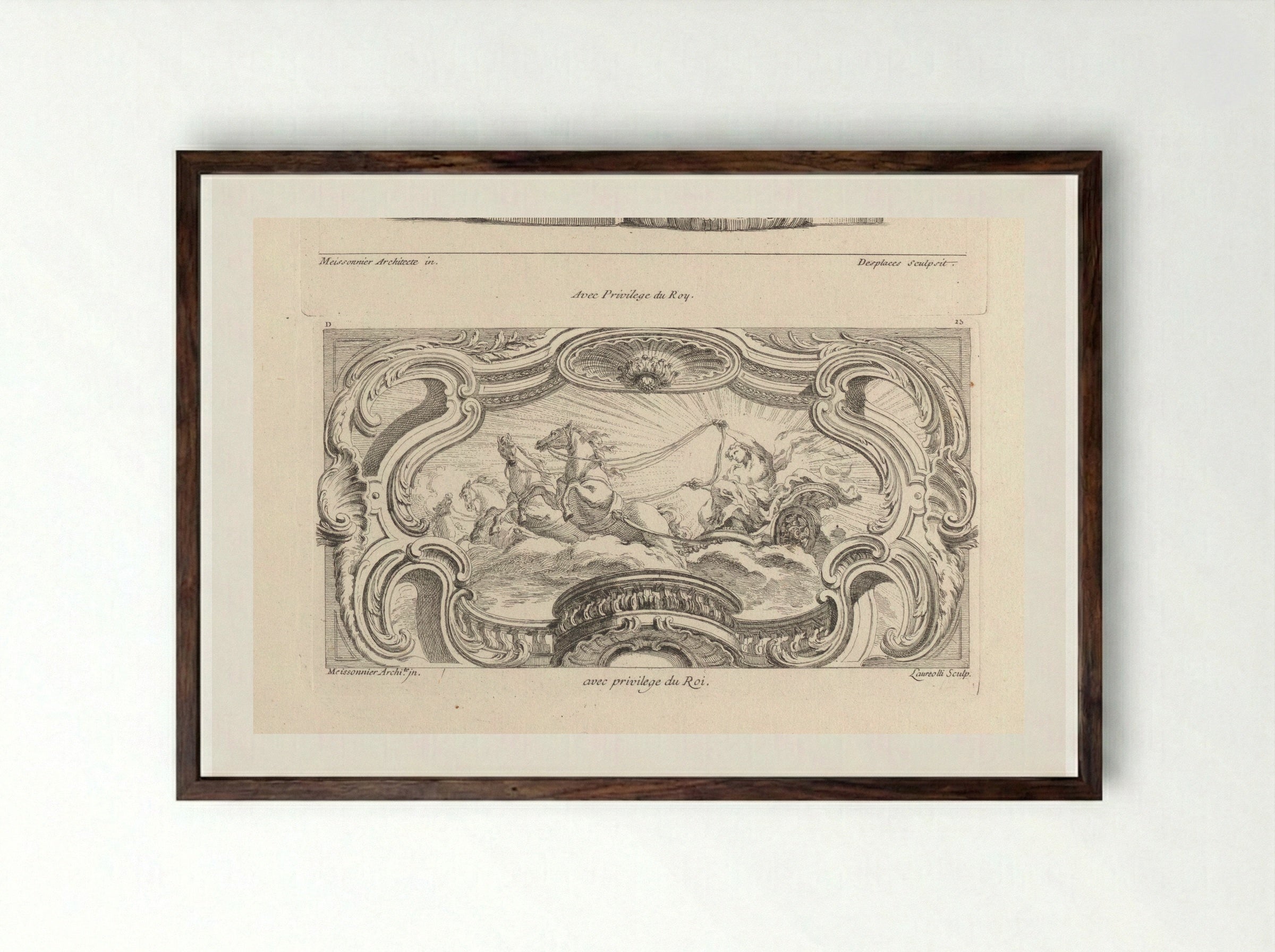 Apollo in his Chariot, within a Frame of Volutes and Rocaille - Gabriel Huquier - Framed Print Dark Wood