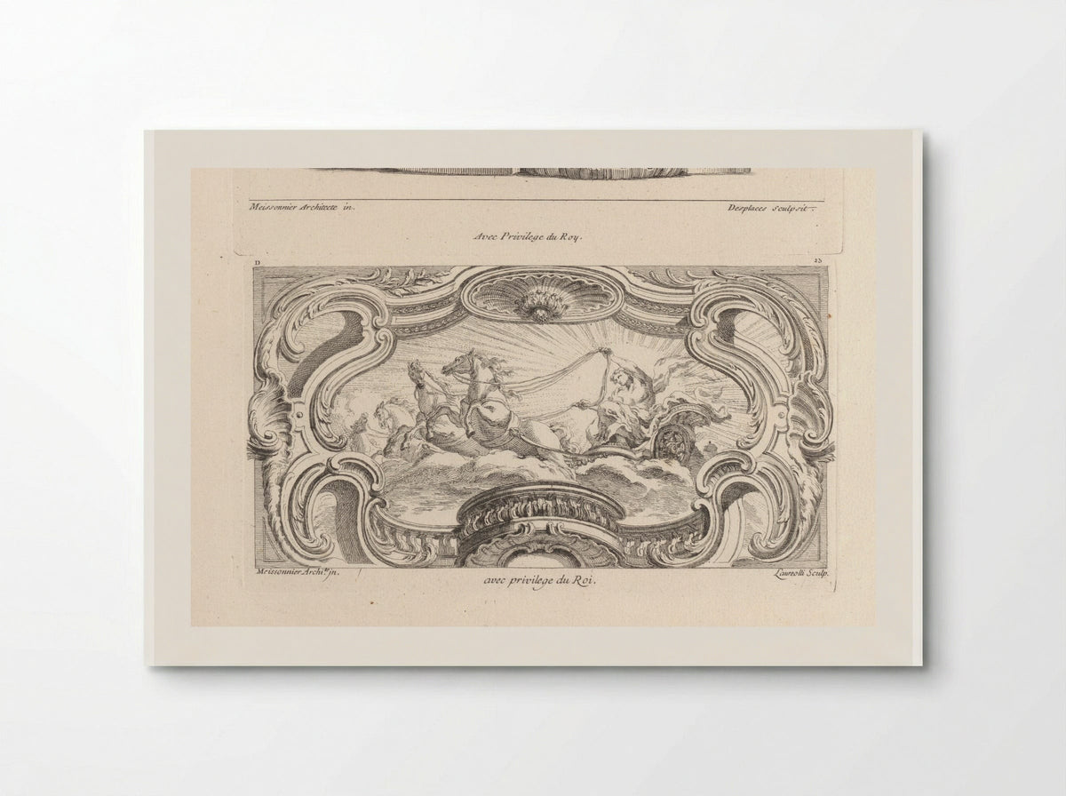 Apollo in his Chariot, within a Frame of Volutes and Rocaille - Gabriel Huquier - Poster