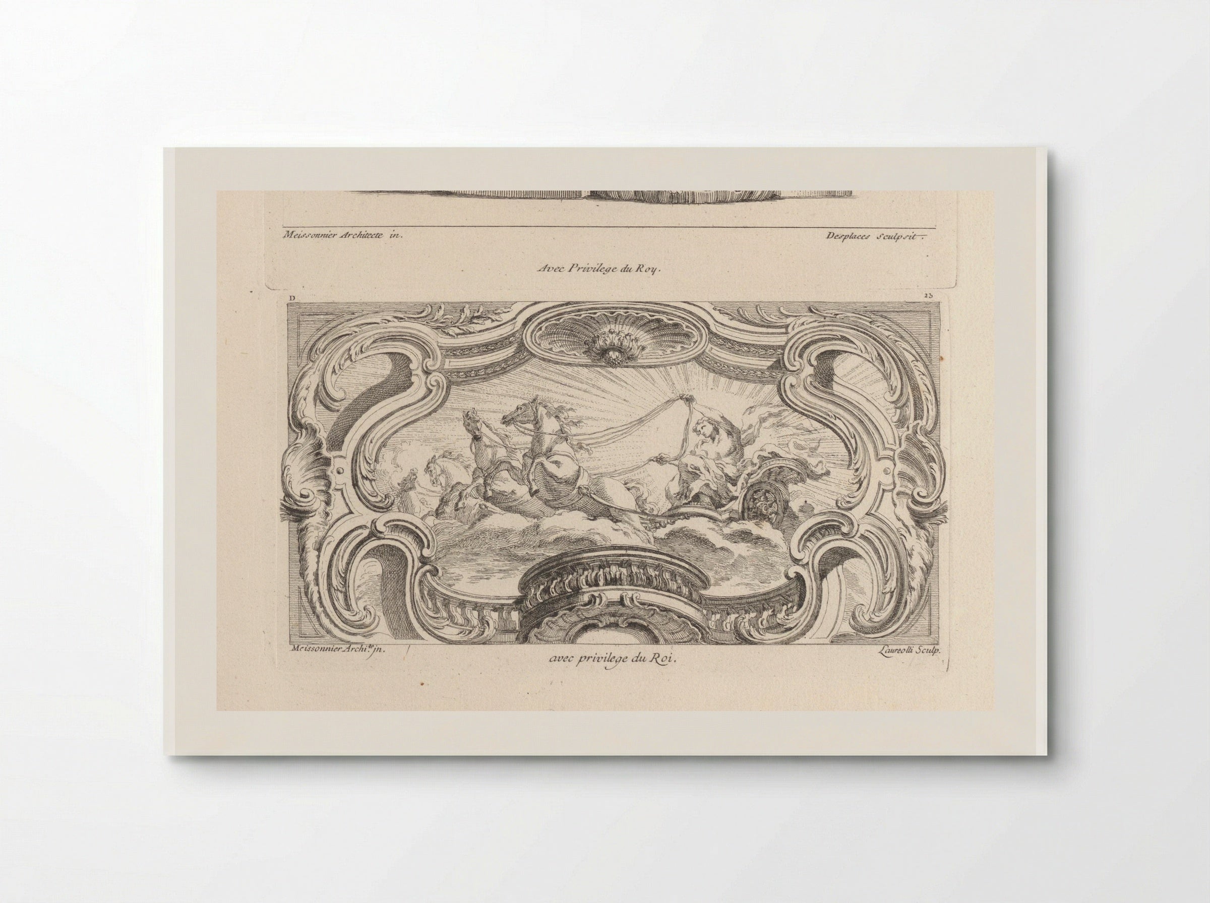 Apollo in his Chariot, within a Frame of Volutes and Rocaille - Gabriel Huquier - Poster