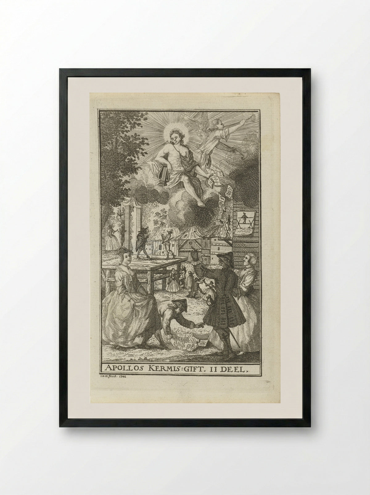 Apollo werpt gezangen naar figuren op een kermis - Jan van den Bergh - Framed Print Black
