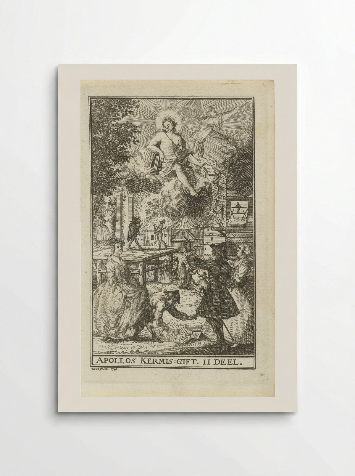 Apollo werpt gezangen naar figuren op een kermis - Jan van den Bergh - Poster