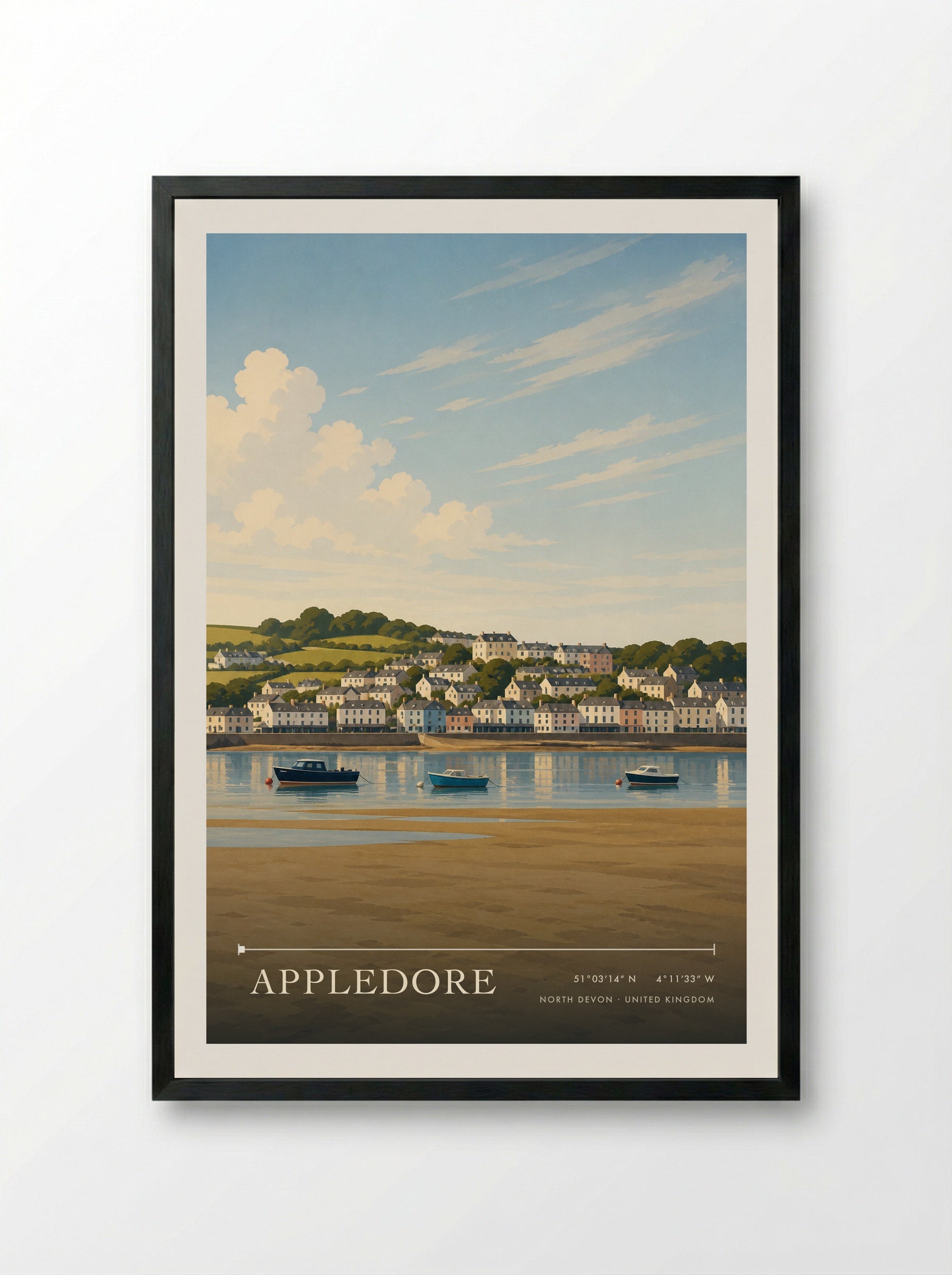 Appledore from Instow, North Devon Travel Poster - Framed Print Black