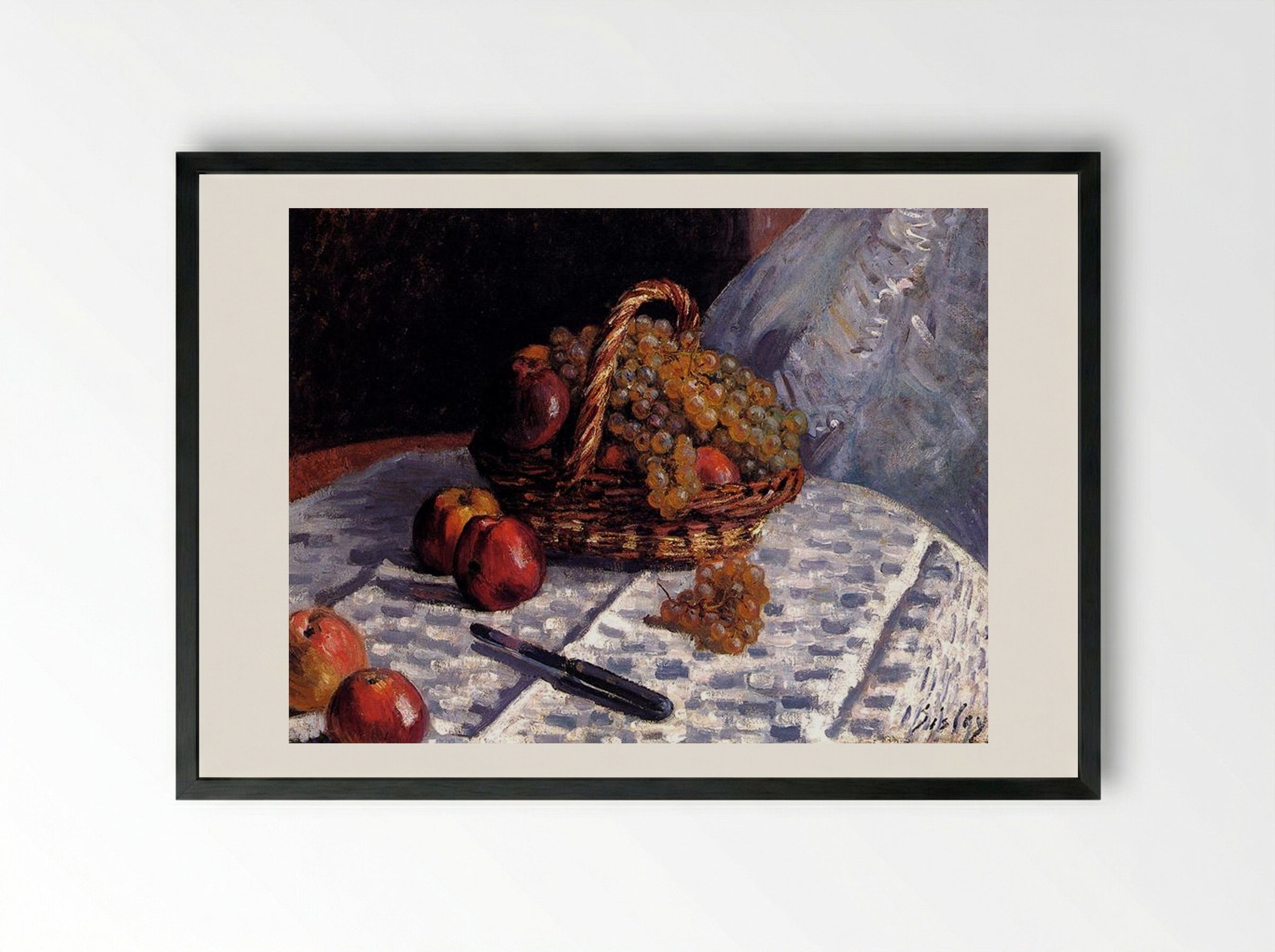 Apples and Grapes in a Basket - Alfred Sisley - Framed Print Black