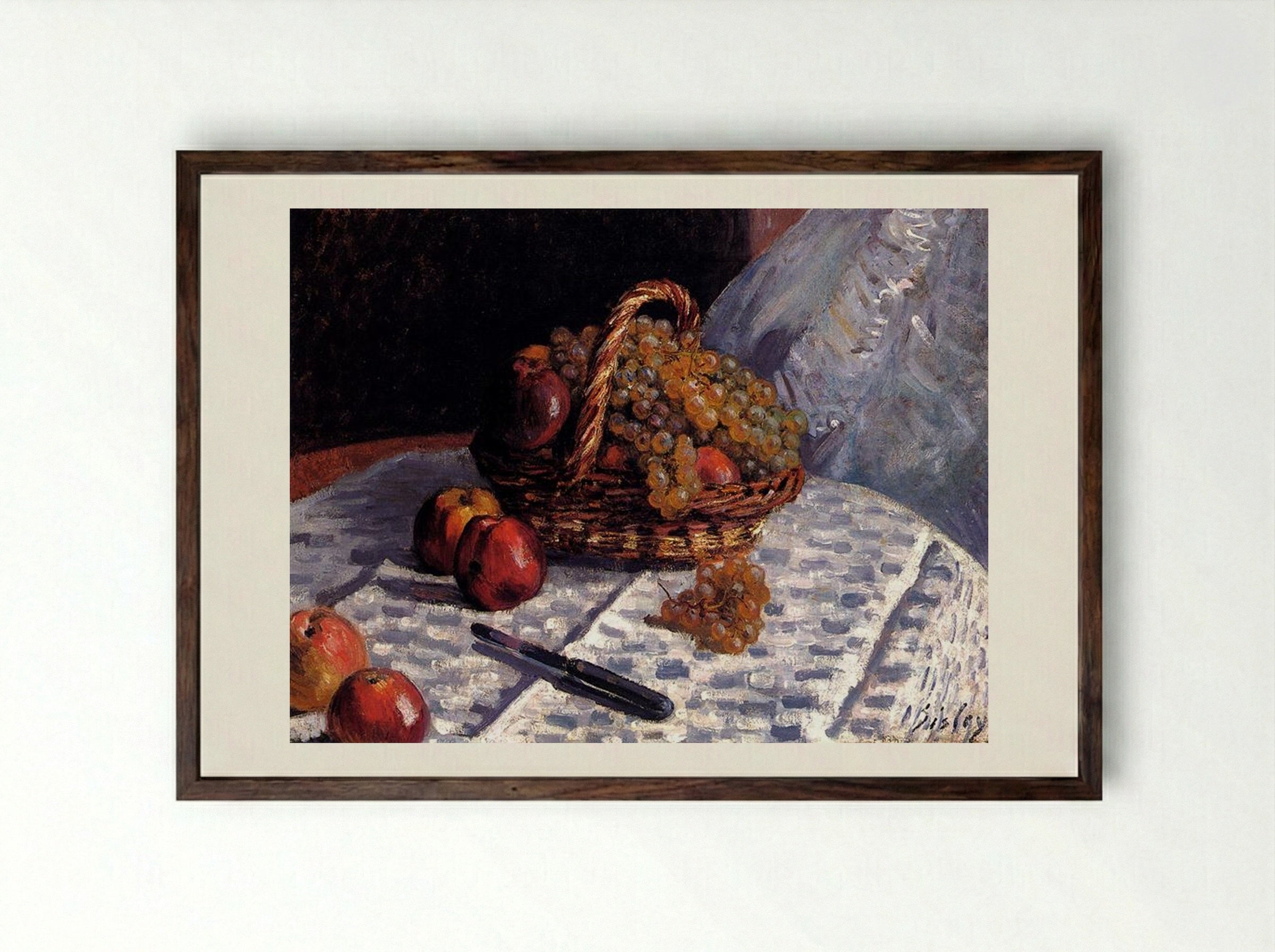 Apples and Grapes in a Basket - Alfred Sisley - Framed Print Dark Wood