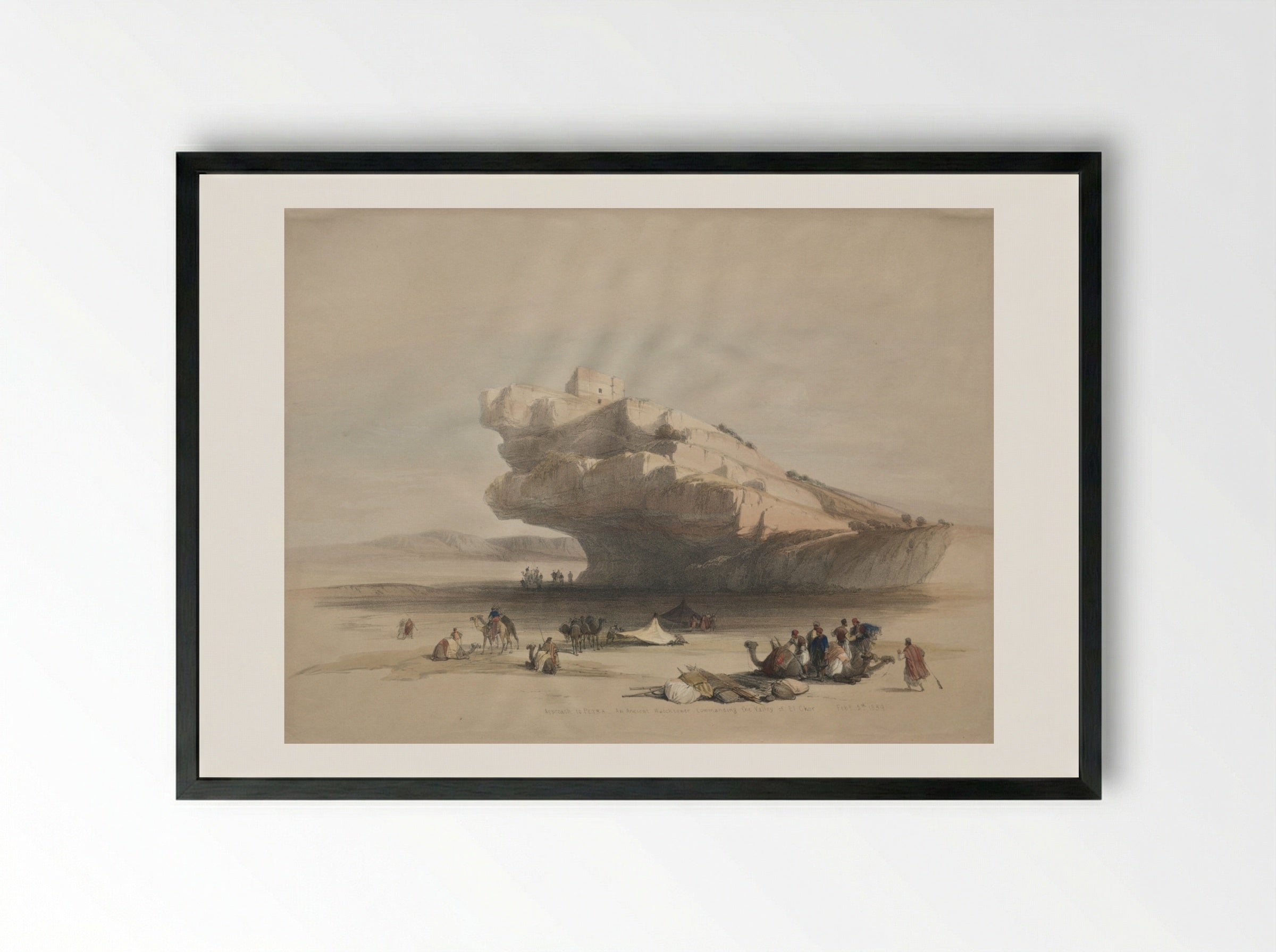 Approach to Petra, an Ancient Watch Tower Commanding the Valley of El Chor - David Roberts - Framed Print Black