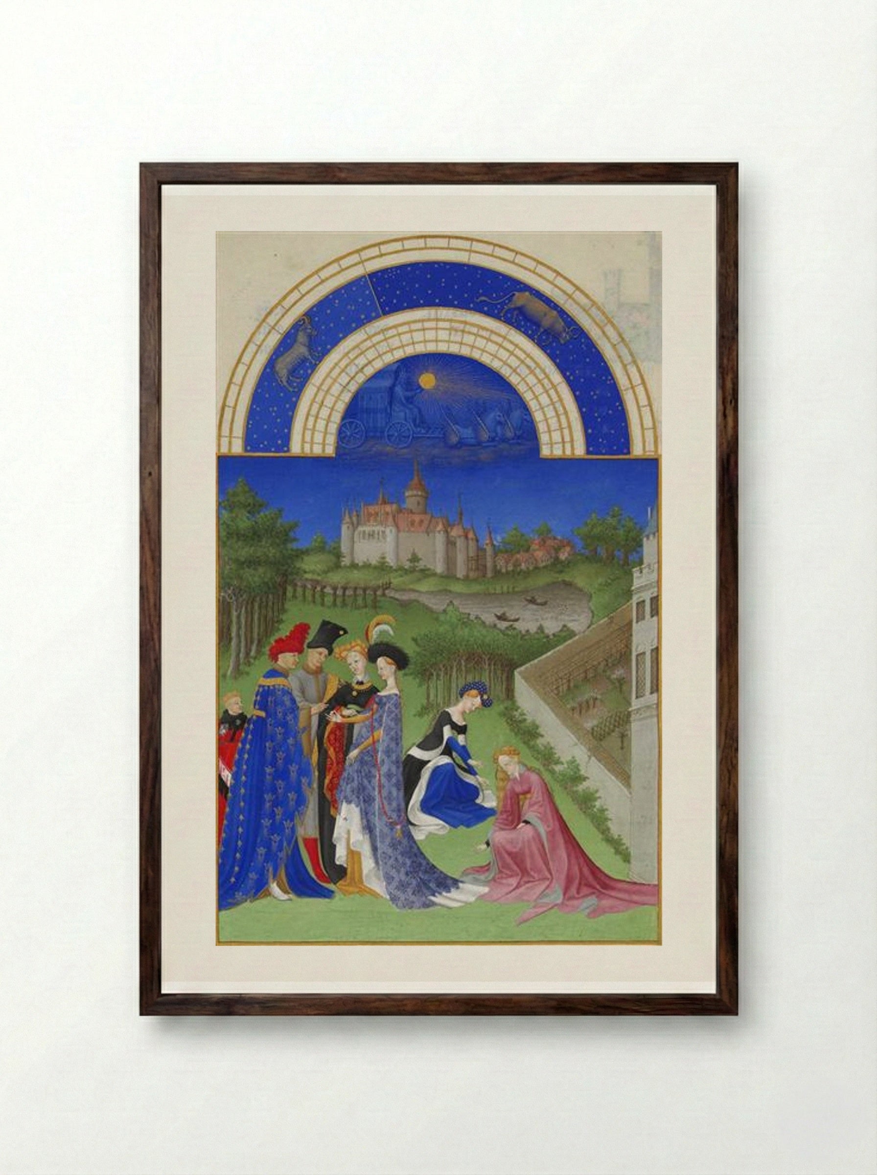 April: Courtly Figures in the Castle Grounds - Limbourg brothers - Framed Print Dark Wood