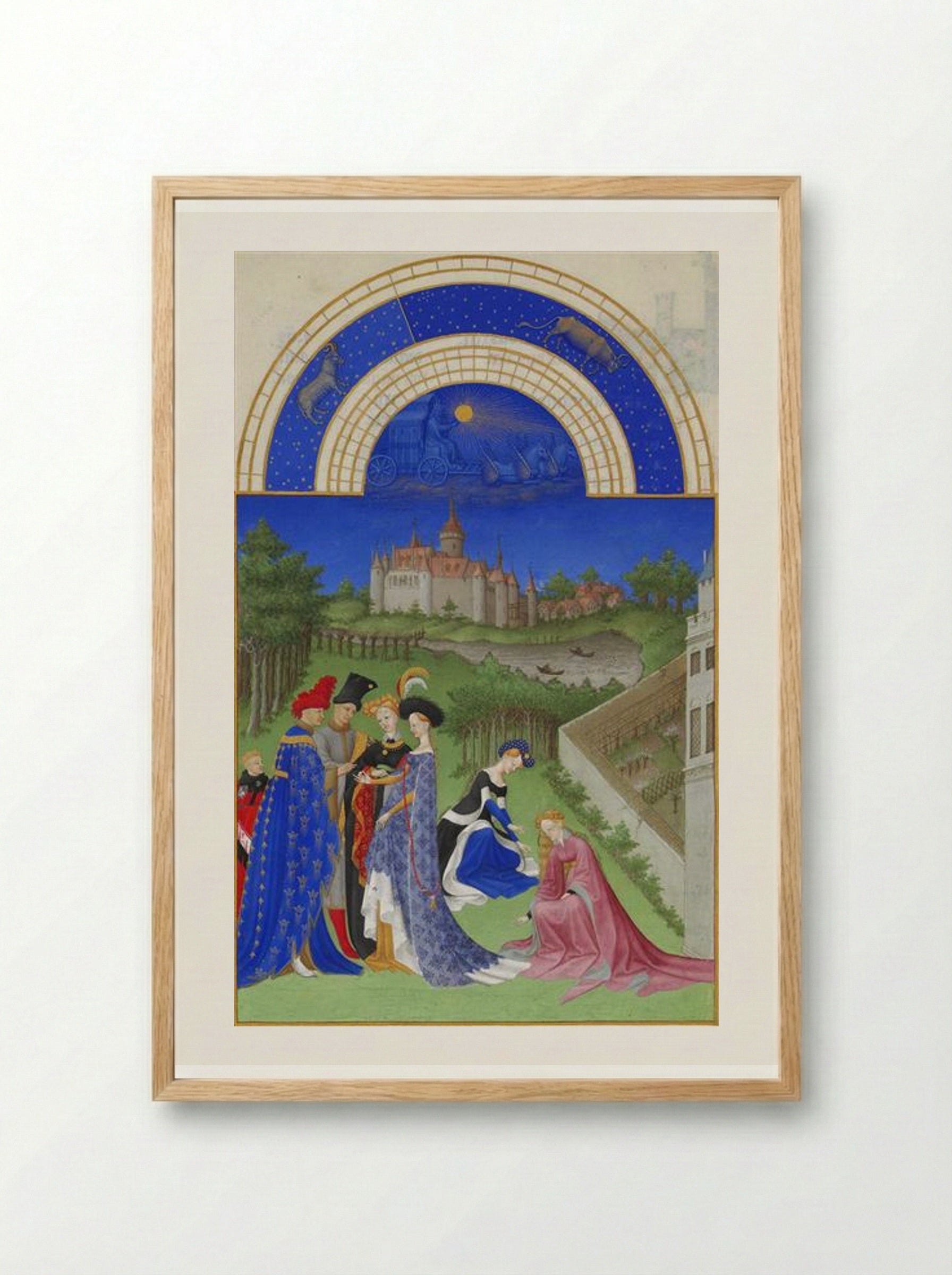 April: Courtly Figures in the Castle Grounds - Limbourg brothers - Framed Print Wood