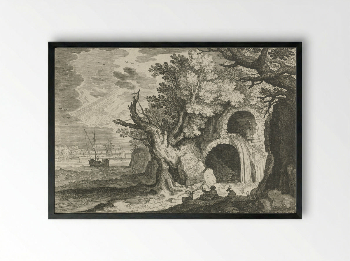 Aqueduct with Waterfall - Aegidius Sadeler (II) - Framed Print Black