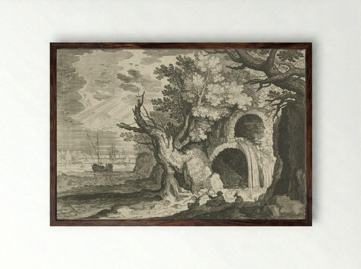 Aqueduct with Waterfall - Aegidius Sadeler (II) - Framed Print Dark Wood