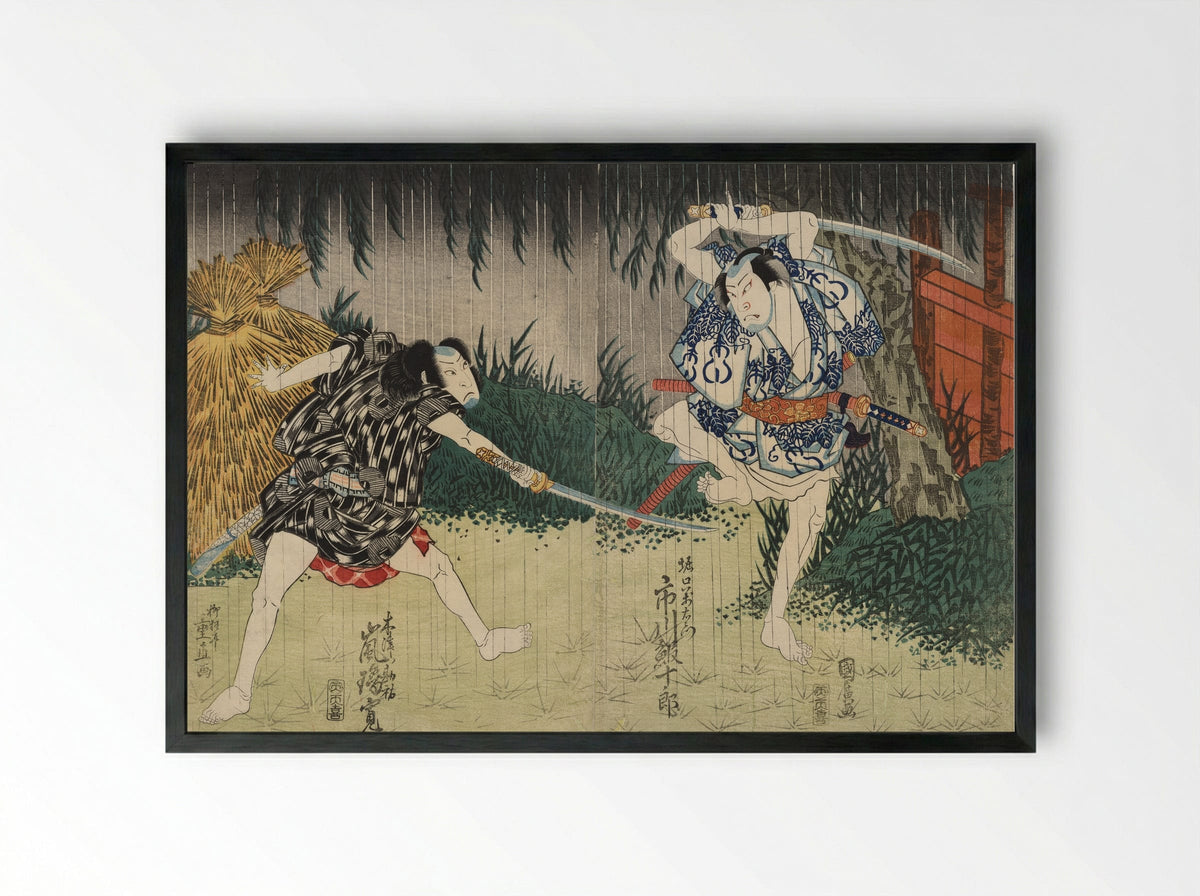 Arashi Rikan II as Kizu Kansuke; Ichikawa Ebijuro II as Horiguchi Manzaemon - Shigenao - Framed Print Black