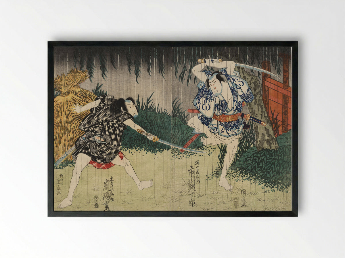 Arashi Rikan II as Kizu Kansuke; Ichikawa Ebijuro II as Horiguchi Manzaemon - Shigenao - Framed Print Black