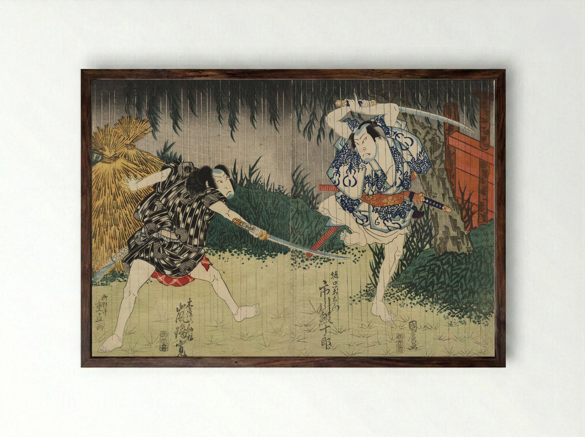 Arashi Rikan II as Kizu Kansuke; Ichikawa Ebijuro II as Horiguchi Manzaemon - Shigenao - Framed Print Dark Wood