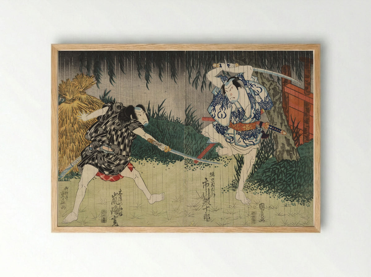 Arashi Rikan II as Kizu Kansuke; Ichikawa Ebijuro II as Horiguchi Manzaemon - Shigenao - Framed Print Wood