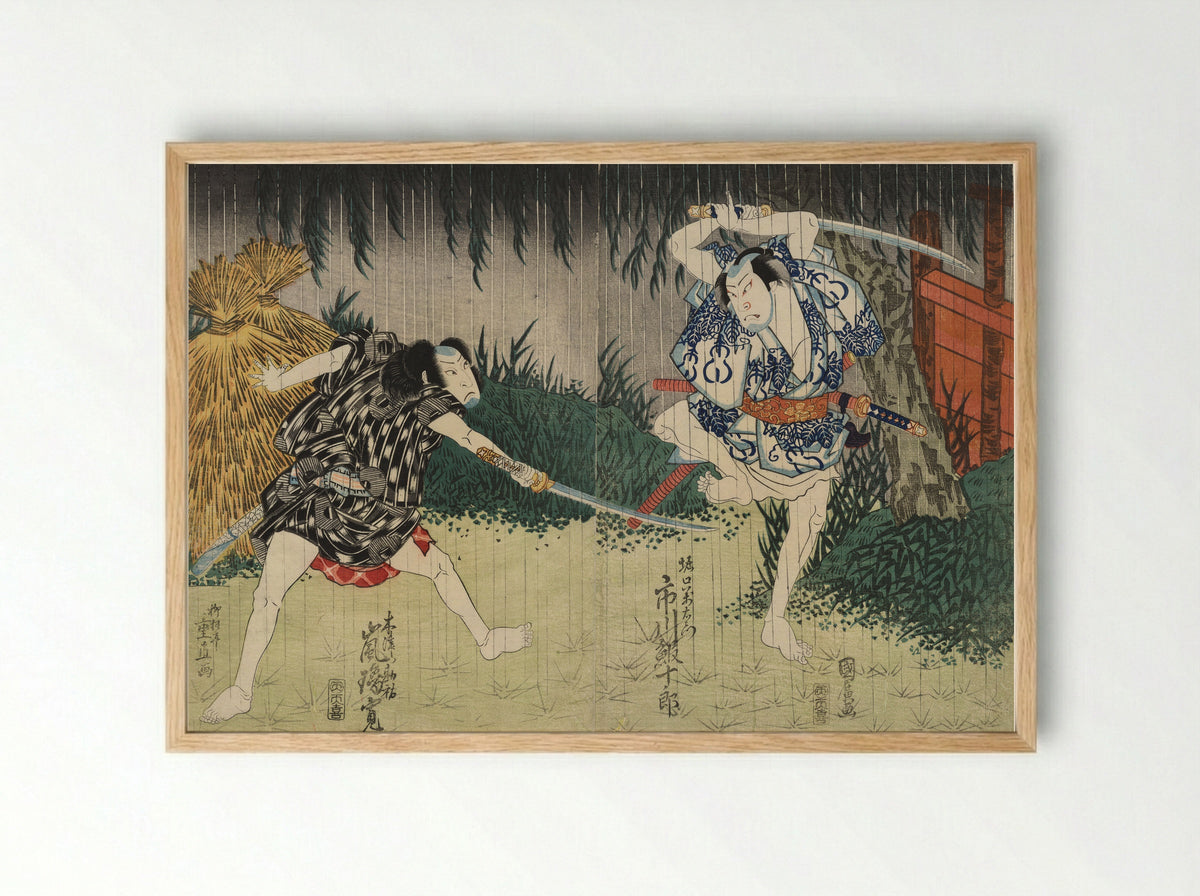 Arashi Rikan II as Kizu Kansuke; Ichikawa Ebijuro II as Horiguchi Manzaemon - Shigenao - Framed Print Wood