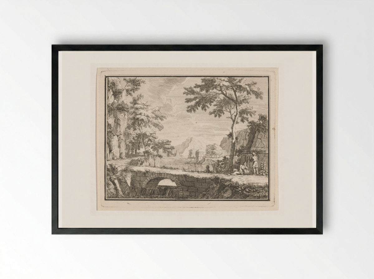 Arcadian Landscape with Fishermen by a Stone Bridge - Louis Fabritius Dubourg - Framed Print Black